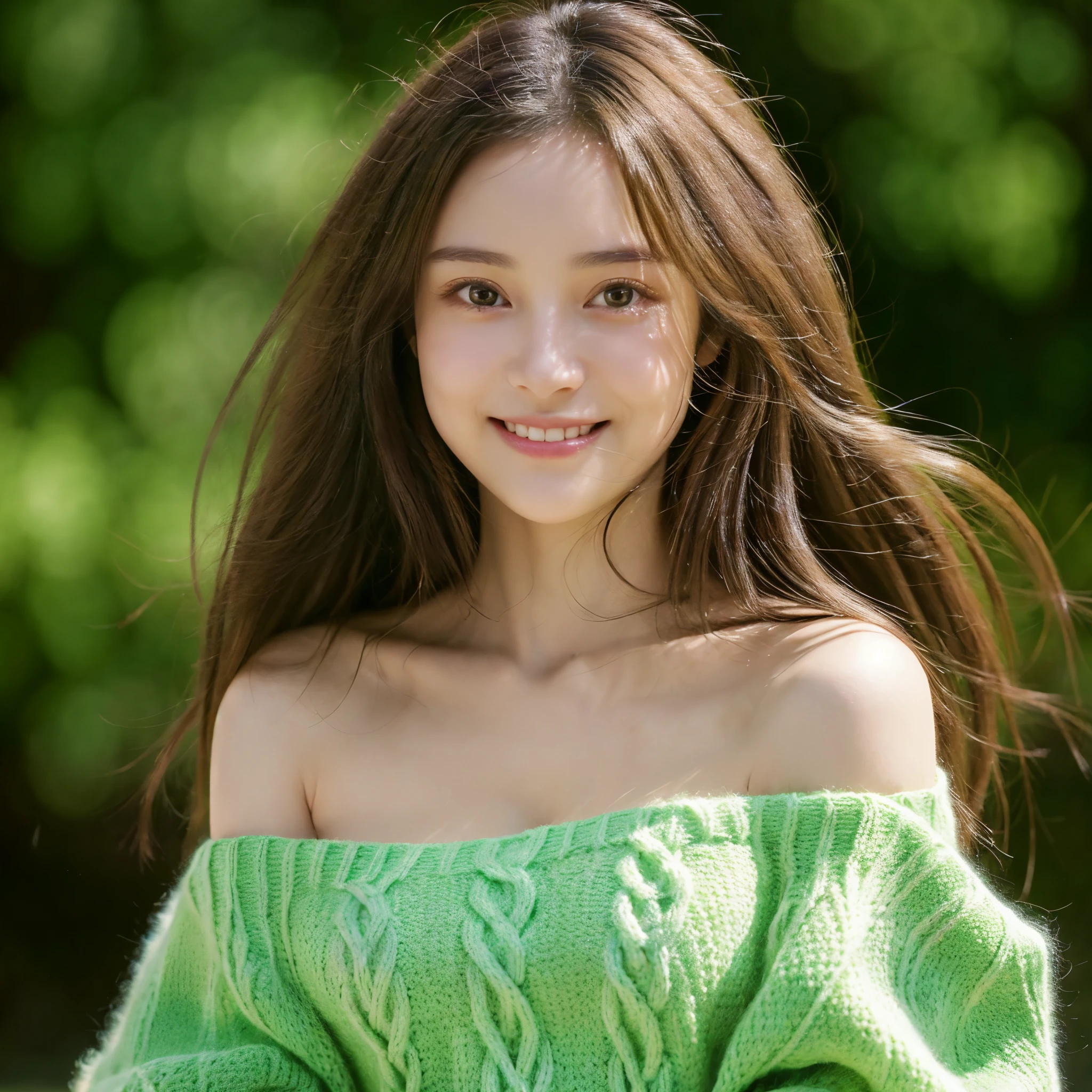 A stunning masterpiece of a high-res portrait of a beautifully detailed girl with long, shiny brown hair and mesmerizing green eyes, wearing a cozy sweater and flashing a gorgeous smile that accentuates her small yet perfectly-formed breasts.