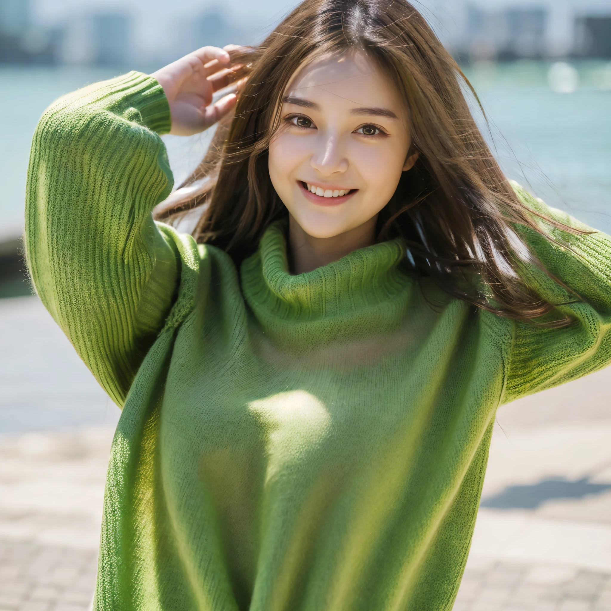 A stunning masterpiece of a high-res portrait of a beautifully detailed girl with long, shiny brown hair and mesmerizing green eyes, wearing a cozy sweater and flashing a gorgeous smile that accentuates her small yet perfectly-formed breasts.