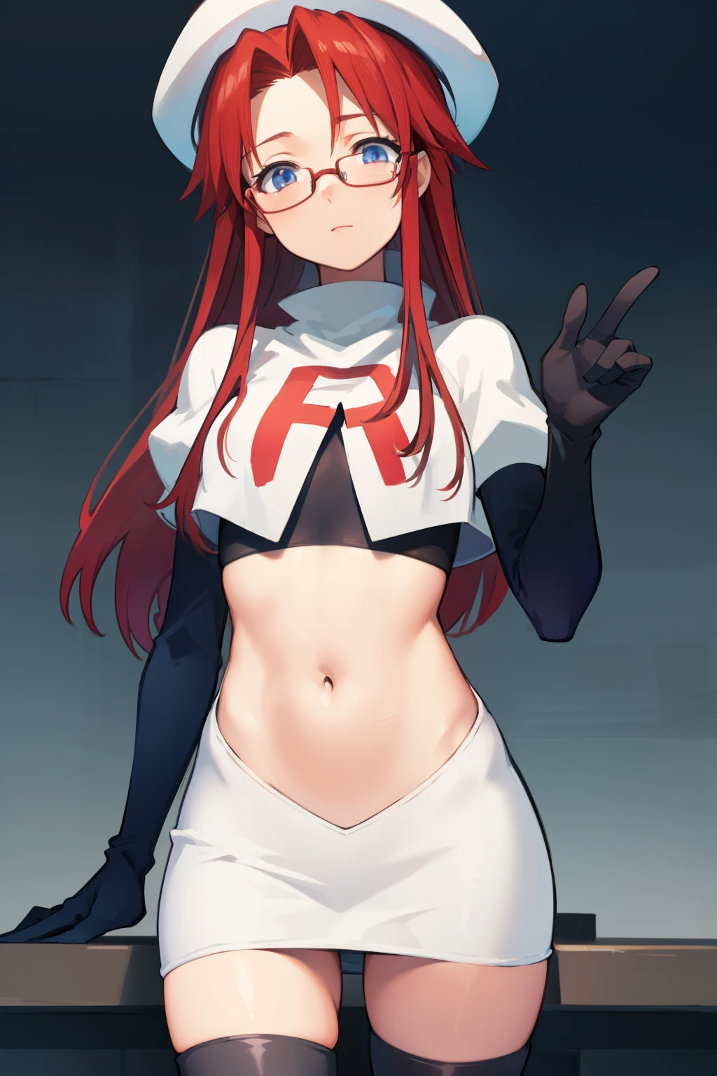 summonnightaty, aty, long hair, blue eyes, red hair, beret, hat, glasses,
BREAK long hair, hat, glasses, zettai ryouiki, beret, team rocket,team rocket uniform, red letter R, white skirt,white crop top,black thigh-highs,black elbow gloves
BREAK looking at viewer,
BREAK (masterpiece:1.2), best quality, high resolution, unity 8k wallpaper, (illustration:0.8), (beautiful detailed eyes:1.6), extremely detailed face, perfect lighting, extremely detailed CG, (perfect hands, perfect anatomy),