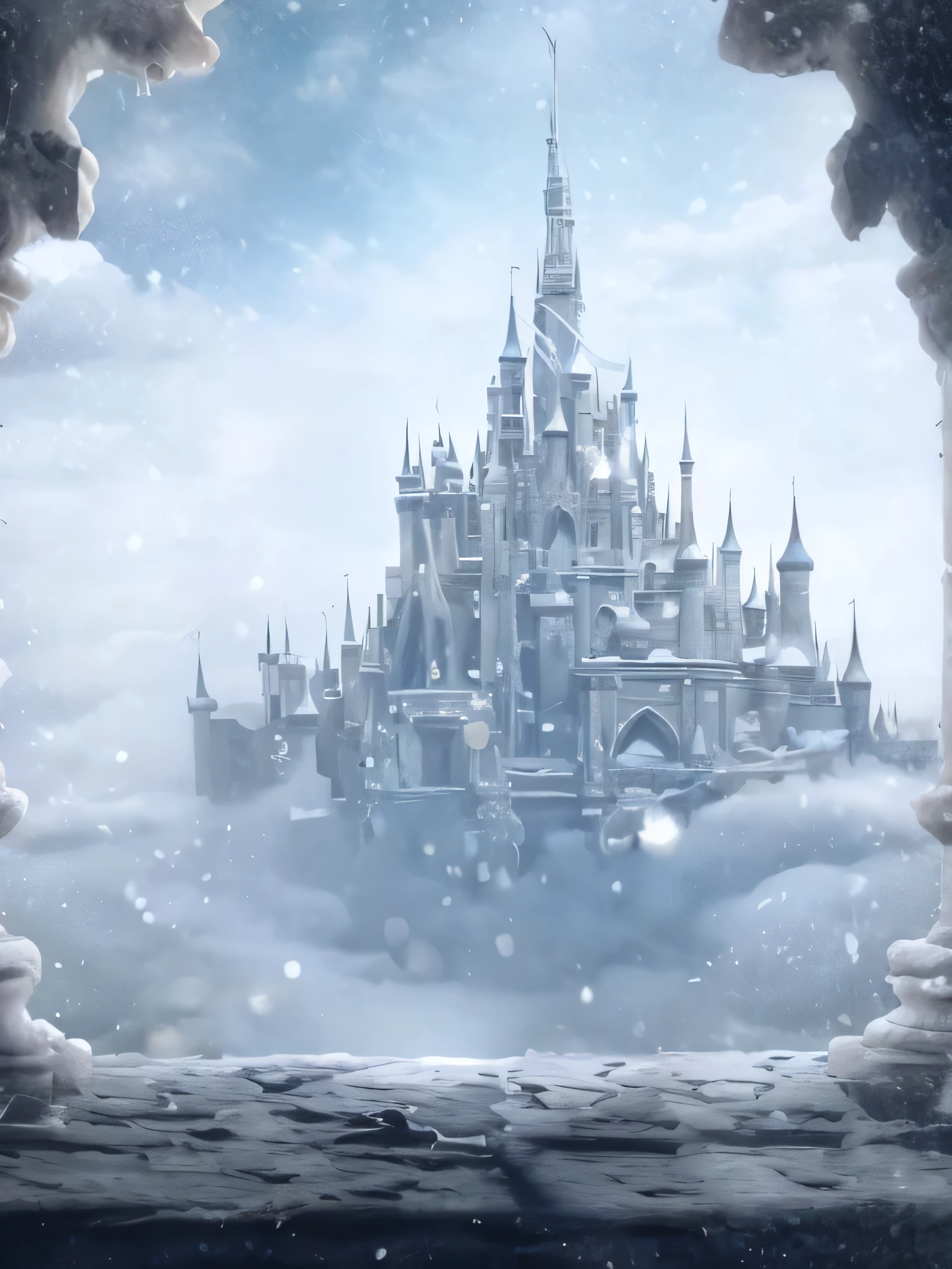 Disney Castle in the Snow，window open, castle background, Fairy tale style background, Background of the Kingdom of Light, Feiyun Castle, Fantasy castle, Fantasy style matte, Beautiful fairy tale rendering, Castle made of clouds, high Fantasy castle, magic castle, Epic castle with towering spiers, background artwork, cloud castle, Disneyland Castle in the background, Exquisite matte painting