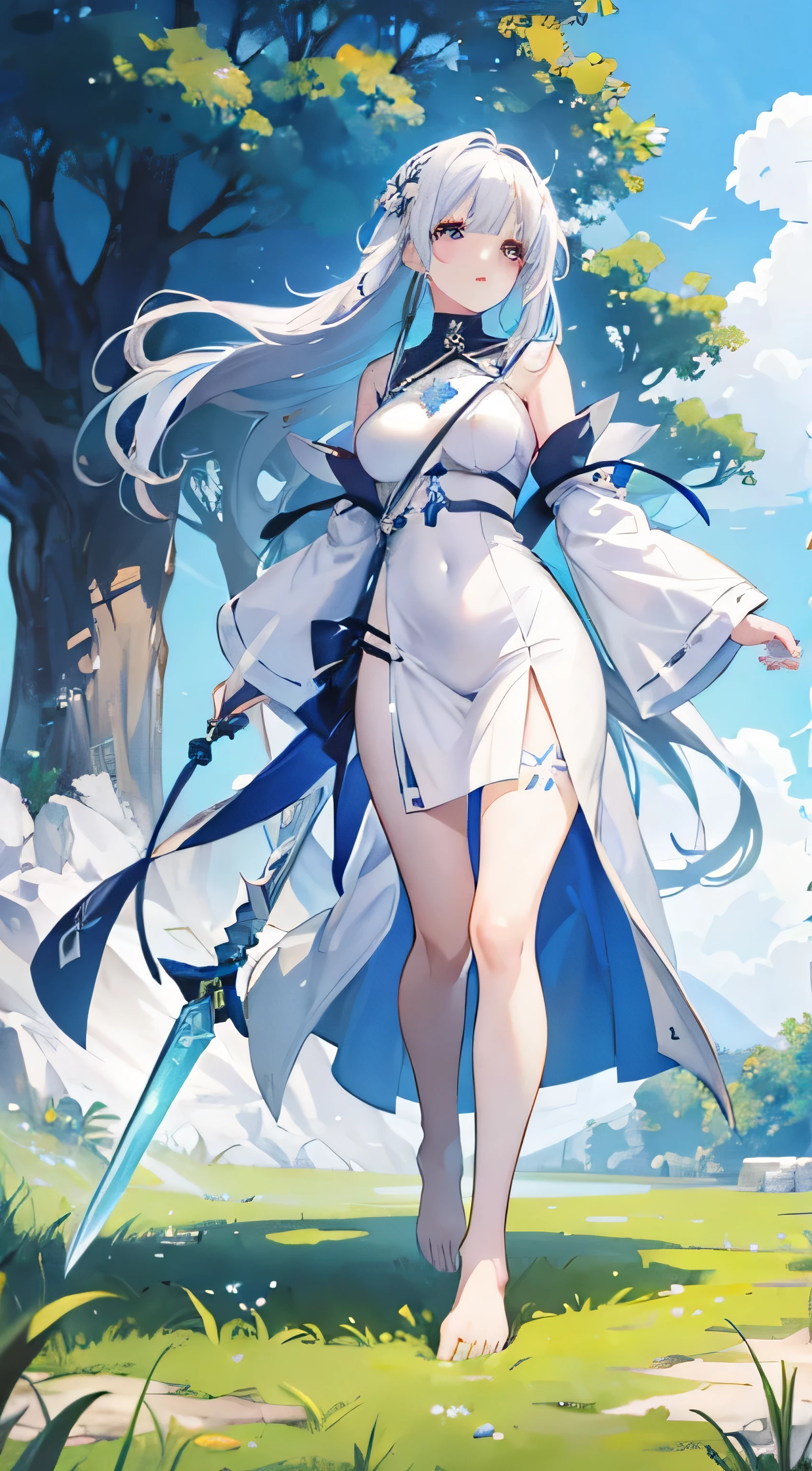 light sky blue hair, expressionless, neat white uniform, holding a sword, very large breasts, long straight hair
