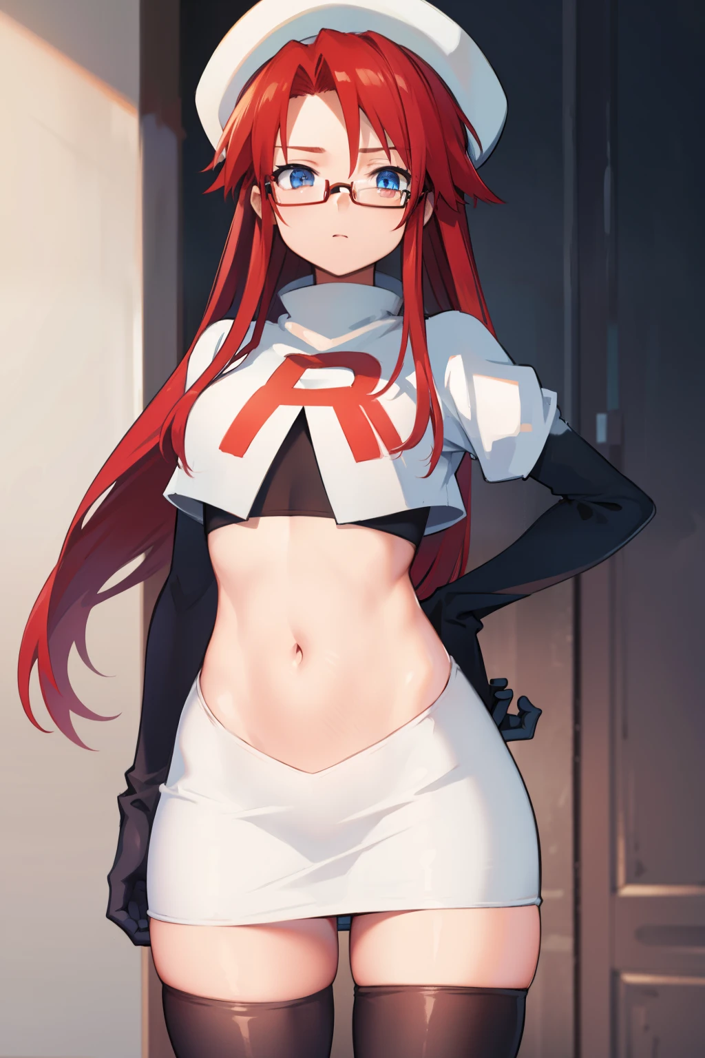 summonnightaty, aty, long hair, blue eyes, red hair, beret, hat, glasses,
BREAK long hair, hat, glasses, zettai ryouiki, beret, team rocket,team rocket uniform, red letter R, white skirt,white crop top,black thigh-highs,black elbow gloves
BREAK looking at viewer,
BREAK (masterpiece:1.2), best quality, high resolution, unity 8k wallpaper, (illustration:0.8), (beautiful detailed eyes:1.6), extremely detailed face, perfect lighting, extremely detailed CG, (perfect hands, perfect anatomy),