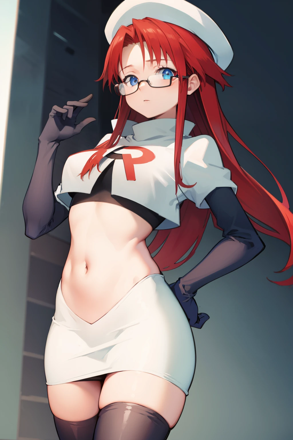 summonnightaty, aty, long hair, blue eyes, red hair, beret, hat, glasses,
BREAK long hair, hat, glasses, zettai ryouiki, beret, team rocket,team rocket uniform, red letter R, white skirt,white crop top,black thigh-highs,black elbow gloves
BREAK looking at viewer,
BREAK (masterpiece:1.2), best quality, high resolution, unity 8k wallpaper, (illustration:0.8), (beautiful detailed eyes:1.6), extremely detailed face, perfect lighting, extremely detailed CG, (perfect hands, perfect anatomy),