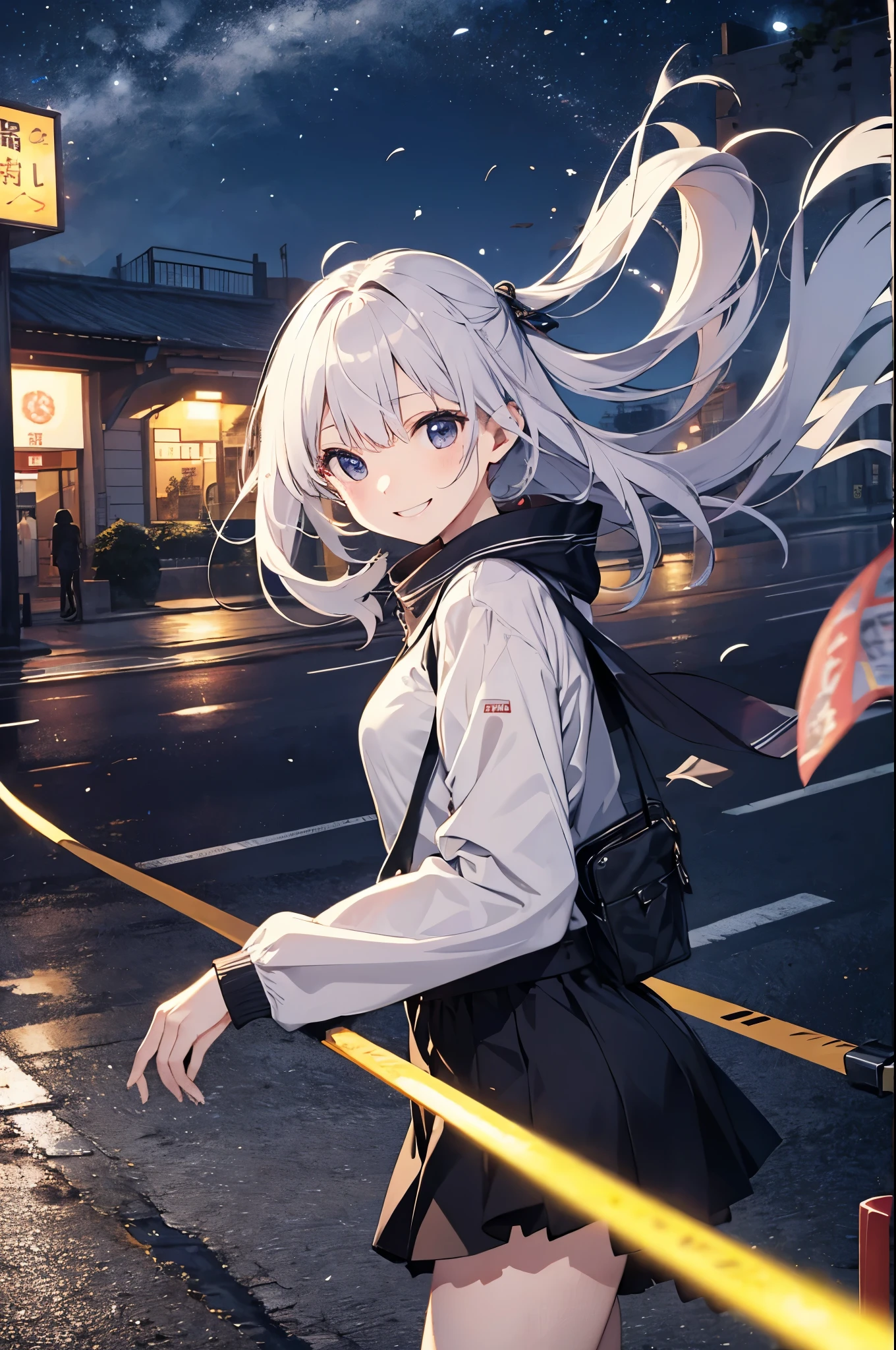 (Pretty sister:1.3)、happy face,spring atmosphere、night、aggressive、way home、((strong wind))