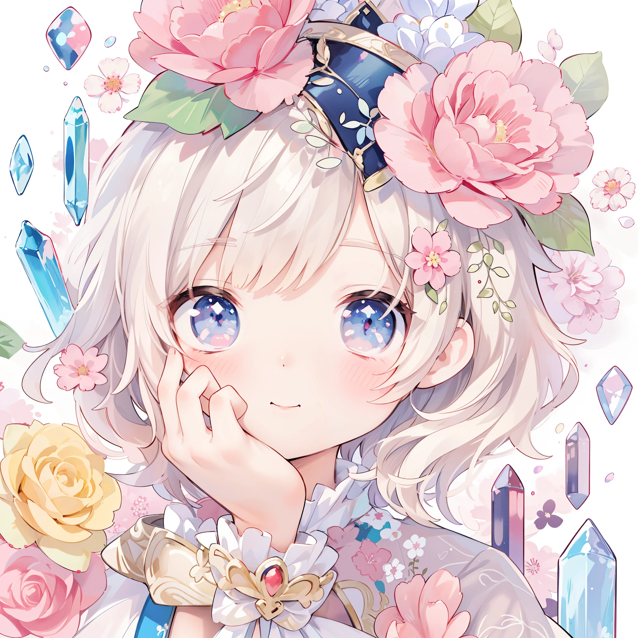 Anime girl with flowers and jewelry in her hair, cute realistic portrait, A girl wearing a floral dress is smiling:1.1、soft anime illustration, detailed fan art, cute art style, cute detailed artwork, beautiful anime portrait, detailed anime art, cute detailed digital art, anime style portrait, anime illustration, clean detailed anime art, Highly detailed exquisite fan art, detailed digital anime art, beautiful anime art style, cute anime girl portrait