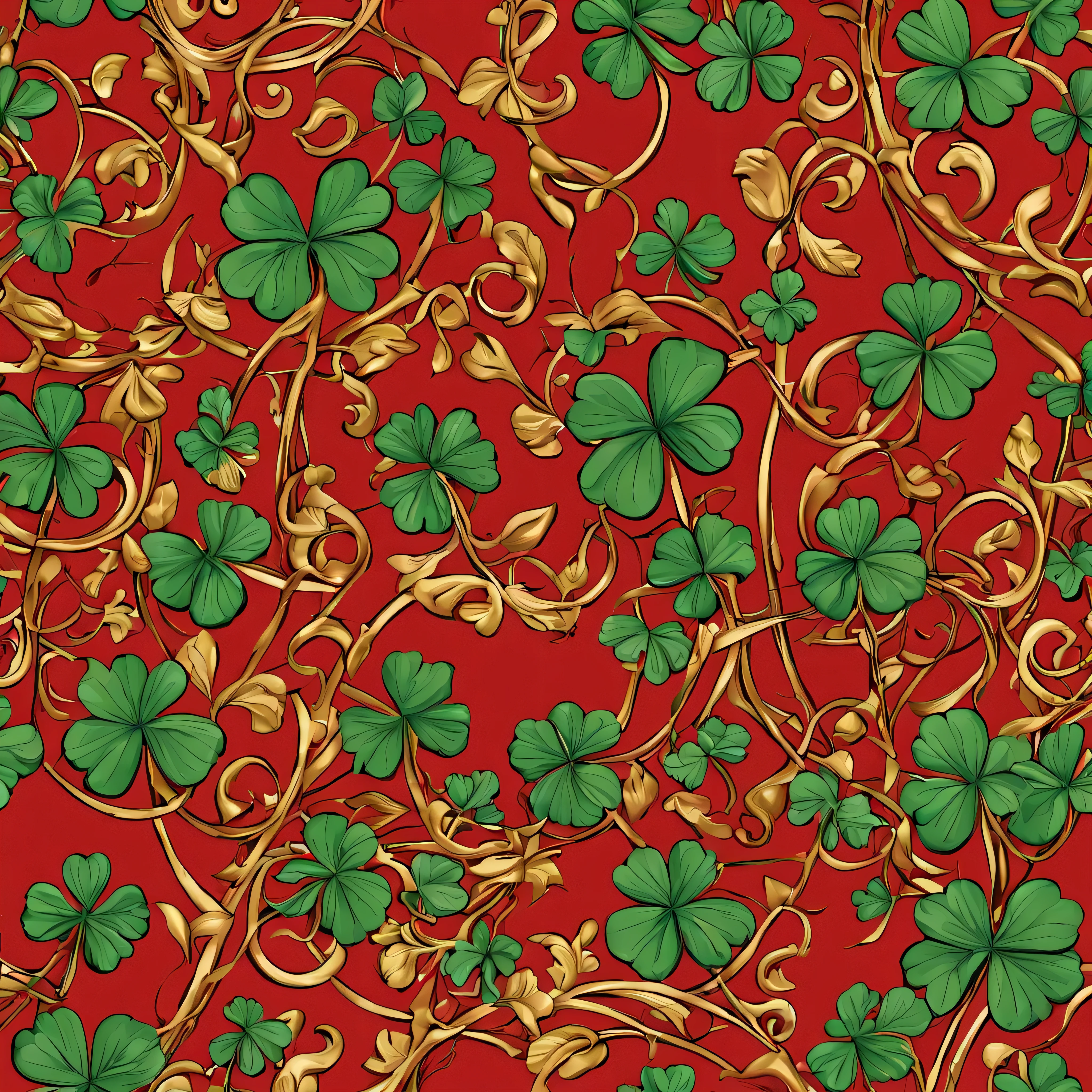 climbing shamrocks, red and gold tones, vines, vibrant, decorative, Line art.