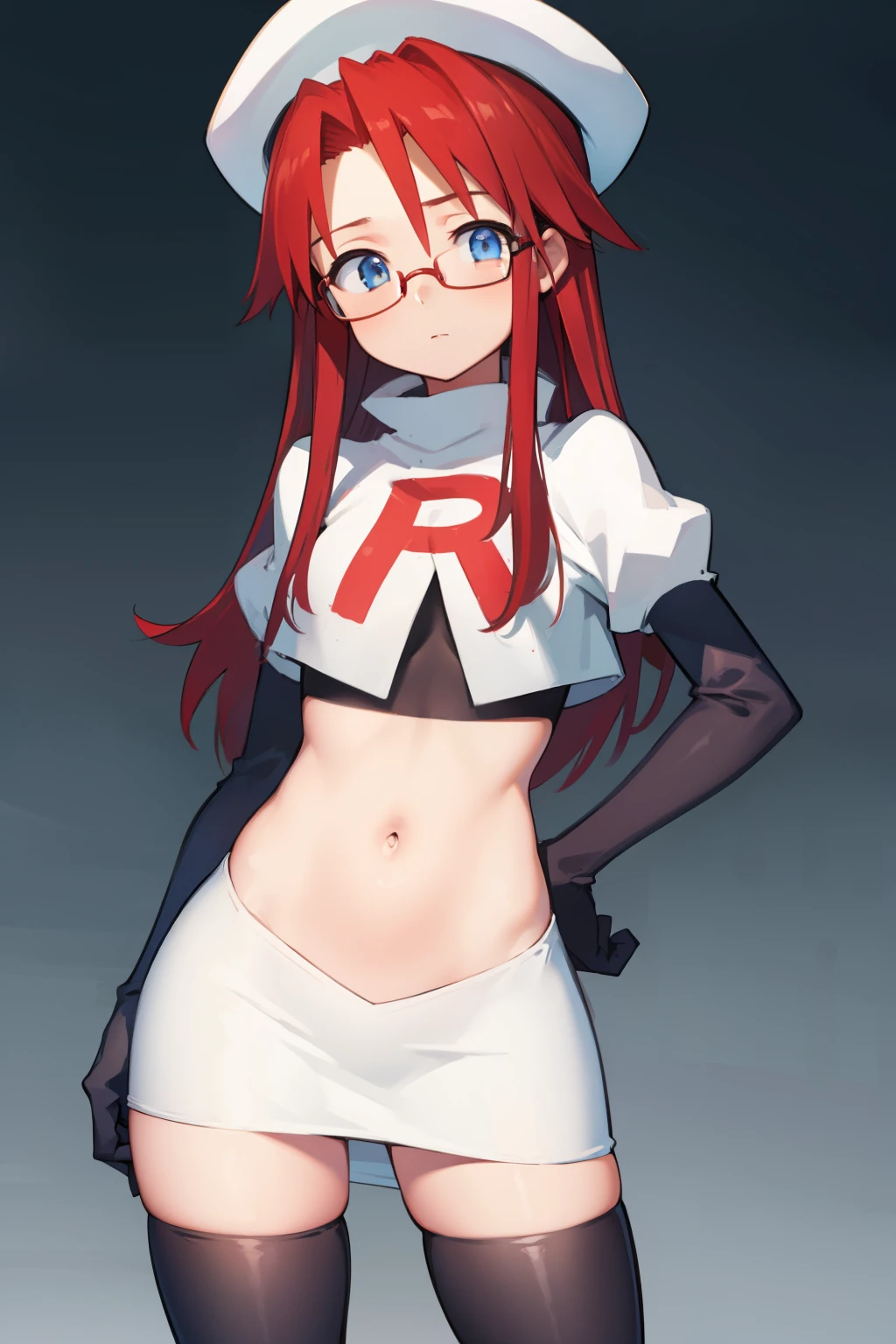 summonnightaty, aty, long hair, blue eyes, red hair, beret, hat, glasses,
BREAK long hair, hat, glasses, zettai ryouiki, beret, team rocket,team rocket uniform, red letter R, white skirt,white crop top,black thigh-highs,black elbow gloves
BREAK looking at viewer,
BREAK (masterpiece:1.2), best quality, high resolution, unity 8k wallpaper, (illustration:0.8), (beautiful detailed eyes:1.6), extremely detailed face, perfect lighting, extremely detailed CG, (perfect hands, perfect anatomy),