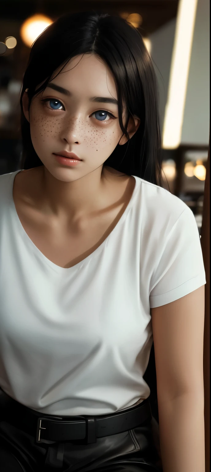 beautiful woman, with freckles, long straight black hair, wearing a white t-shirt without print, wearing leather belt, front view (sitting inside a modern restaurant at night), Isabelle Adjani, very detailed, 30 years, natural wave hair, blue eyes, high-res, masterpiece, best quality, intricate details, highly detailed, sharp focus, detailed skin, realistic skin texture, texture, detailed eyes, professional, 4k, Canon shooting, 85mm, shallow depth of field, kodak vision color, perfect fit body, extremely detailed, photo_\(ultra\), photorealistic, realistic, post-processing, maximum detail, roughness, real life, ultra realistic, photorealism, photography, 8k uhd, photography (grain of film) medium shot for closeup shot atmospheric dark lighting