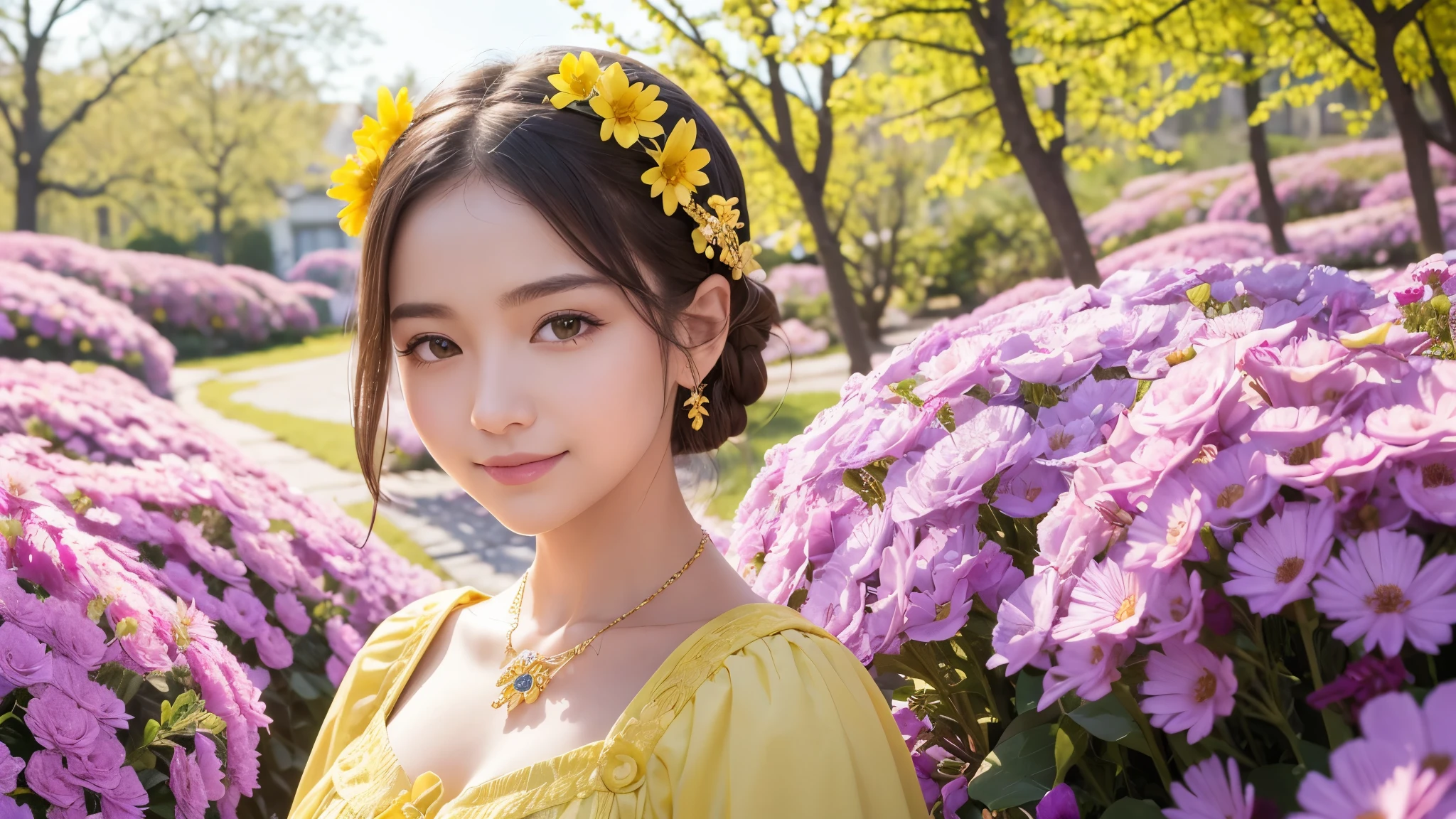masterpiece, award winning, high quality, super detail, 8k, photo, simple pose, girl, (solo), smile, standing, ancient clothing, detailed clothes, dressed up, spring clothes, ancient accessories, (theme color is bright yellow and violet), complemented with a necklace, (close up of face), (portrait style), in the flower garden, classic European style, in early spring, natural daylight, direct sunlight, harmonious color palette and composition