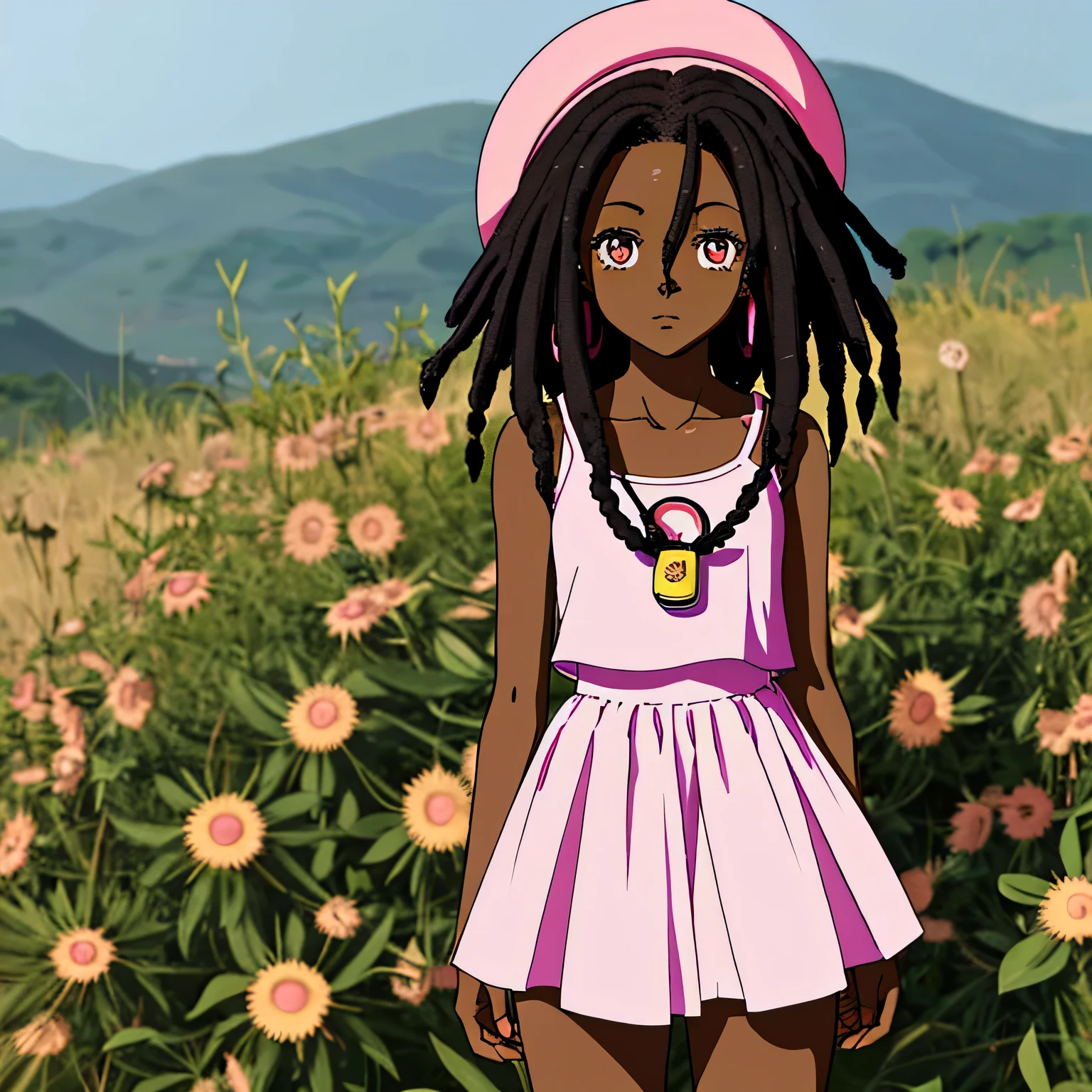 DARK SKINNED AFRICAN WOMAN ANIME CHARACTER, SUPER CUTE, IN CUTE LIGHT PINK OUTFIT WITH SHORT BLACK DREADLOCKS, ONE WOMAN ALONE, BY HERSELF