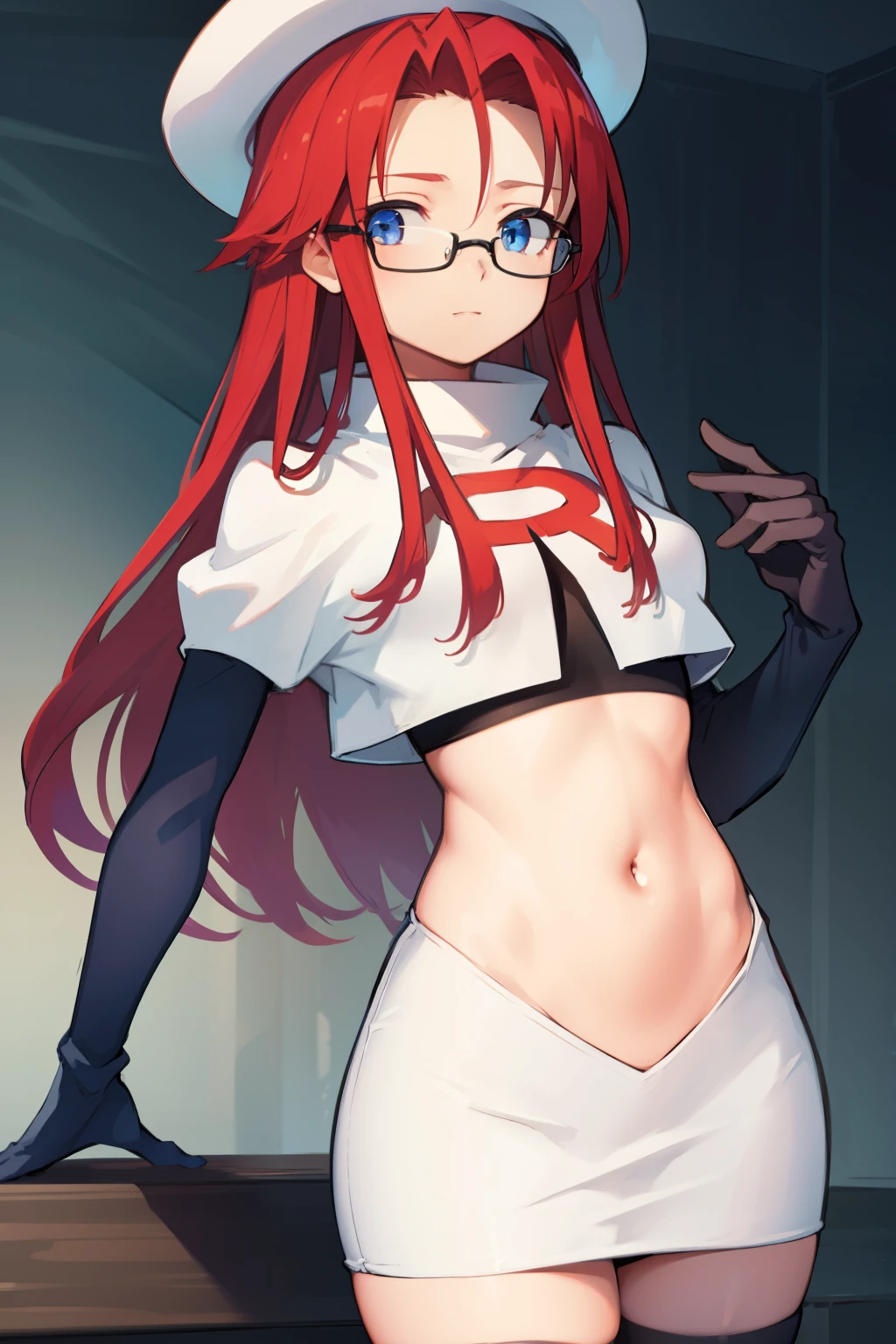 summonnightaty, aty, long hair, blue eyes, red hair, beret, hat, glasses,
BREAK long hair, hat, glasses, zettai ryouiki, beret, team rocket,team rocket uniform, red letter R, white skirt,white crop top,black thigh-highs,black elbow gloves
BREAK looking at viewer,
BREAK (masterpiece:1.2), best quality, high resolution, unity 8k wallpaper, (illustration:0.8), (beautiful detailed eyes:1.6), extremely detailed face, perfect lighting, extremely detailed CG, (perfect hands, perfect anatomy),