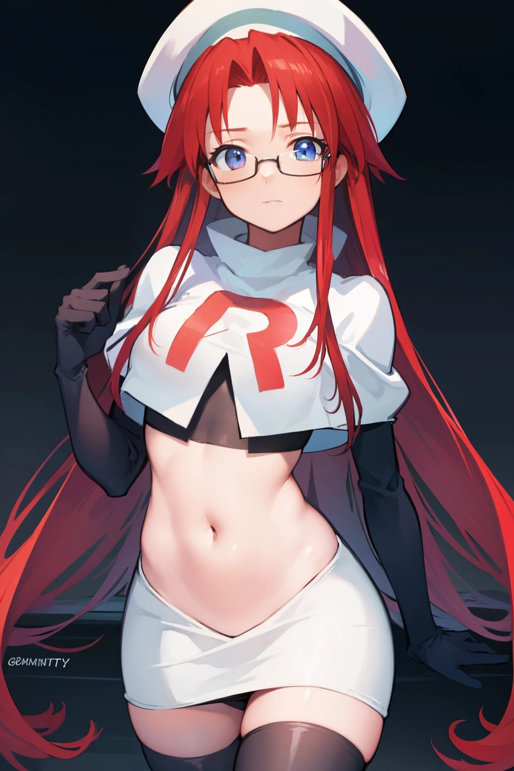 summonnightaty, aty, long hair, blue eyes, red hair, beret, hat, glasses,
BREAK long hair, hat, glasses, zettai ryouiki, beret, team rocket,team rocket uniform, red letter R, white skirt,white crop top,black thigh-highs,black elbow gloves
BREAK looking at viewer,
BREAK (masterpiece:1.2), best quality, high resolution, unity 8k wallpaper, (illustration:0.8), (beautiful detailed eyes:1.6), extremely detailed face, perfect lighting, extremely detailed CG, (perfect hands, perfect anatomy),