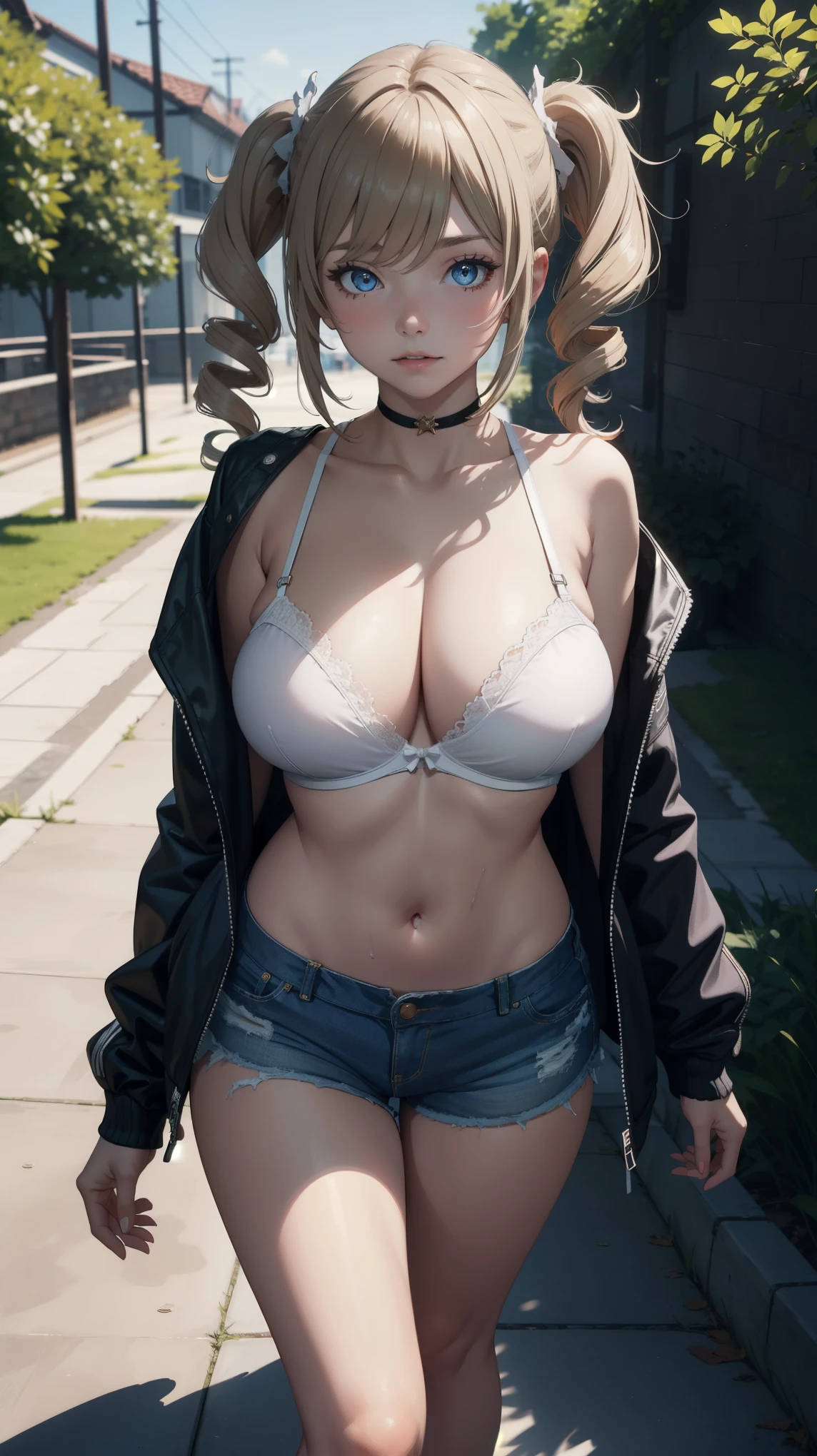 Masterpiece, high quality, 8k, ultra detail, 1 girl, ((barbararnd)) standing, outdoors, (large breast), cleavage, ((shorts)), (bra:1), navel, (jacket)