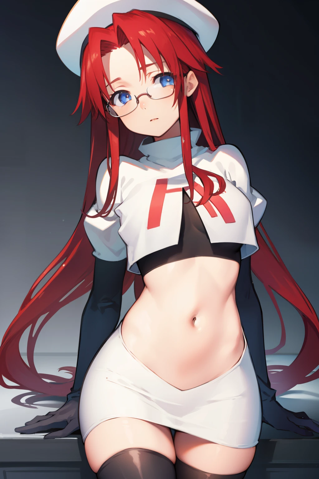 summonnightaty, aty, long hair, blue eyes, red hair, beret, hat, glasses,
BREAK long hair, hat, glasses, zettai ryouiki, beret, team rocket,team rocket uniform, red letter R, white skirt,white crop top,black thigh-highs,black elbow gloves
BREAK looking at viewer,
BREAK (masterpiece:1.2), best quality, high resolution, unity 8k wallpaper, (illustration:0.8), (beautiful detailed eyes:1.6), extremely detailed face, perfect lighting, extremely detailed CG, (perfect hands, perfect anatomy),