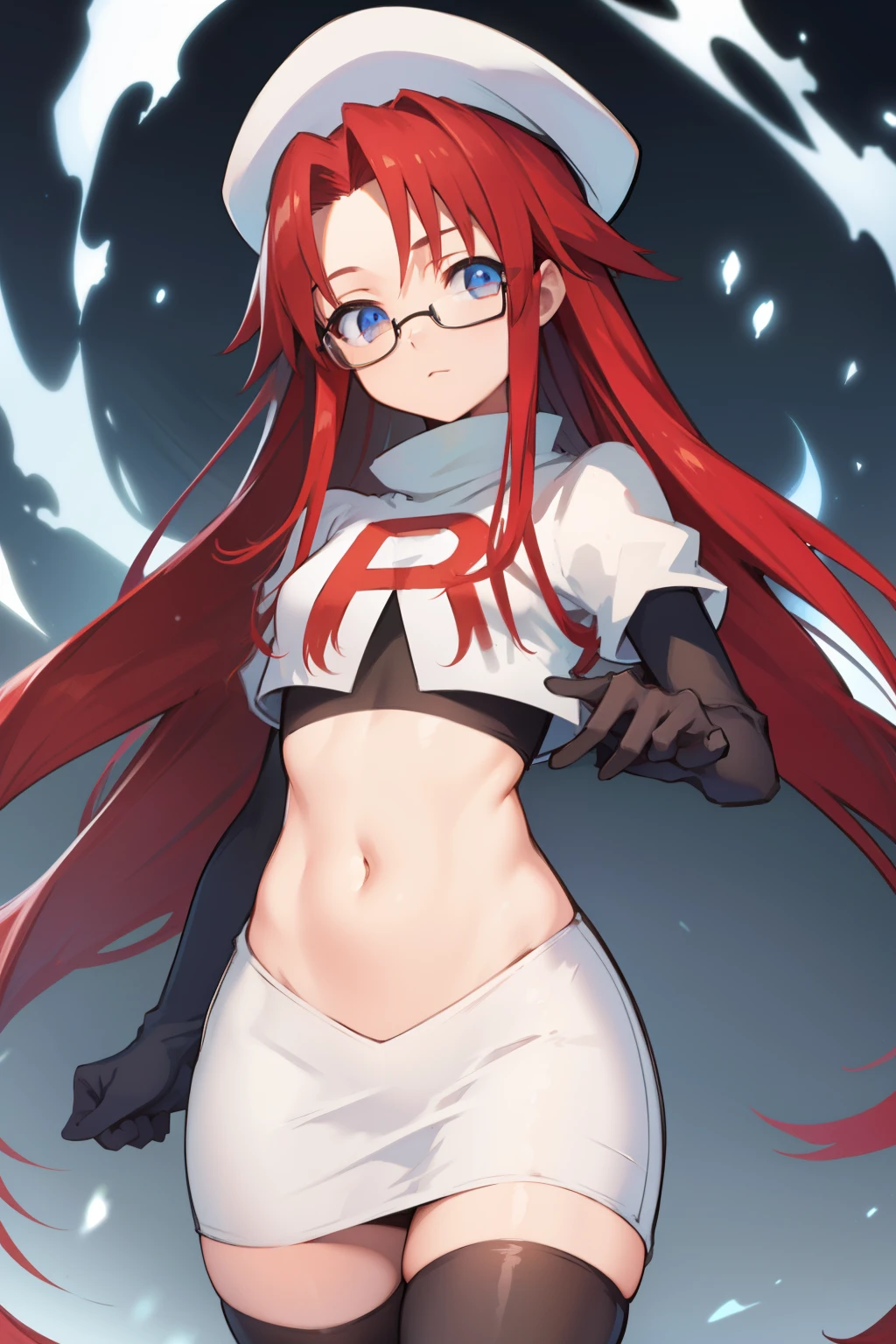 summonnightaty, aty, long hair, blue eyes, red hair, beret, hat, glasses,
BREAK long hair, hat, glasses, zettai ryouiki, beret, team rocket,team rocket uniform, red letter R, white skirt,white crop top,black thigh-highs,black elbow gloves
BREAK looking at viewer,
BREAK (masterpiece:1.2), best quality, high resolution, unity 8k wallpaper, (illustration:0.8), (beautiful detailed eyes:1.6), extremely detailed face, perfect lighting, extremely detailed CG, (perfect hands, perfect anatomy),