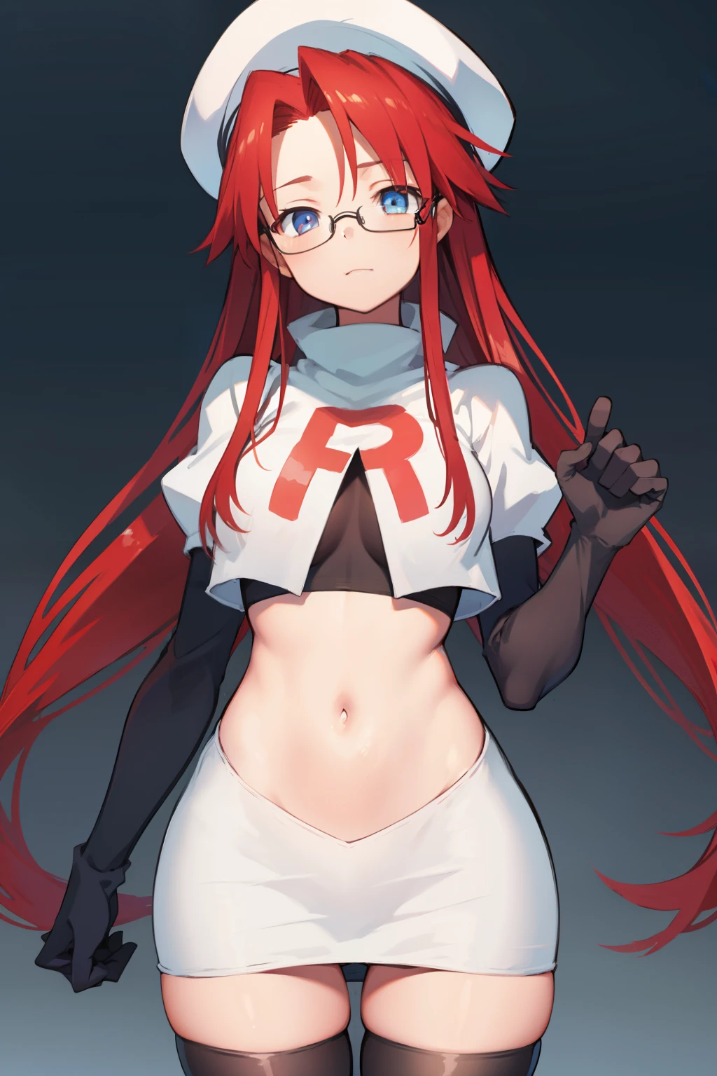 summonnightaty, aty, long hair, blue eyes, red hair, beret, hat, glasses,
BREAK long hair, hat, glasses, zettai ryouiki, beret, team rocket,team rocket uniform, red letter R, white skirt,white crop top,black thigh-highs,black elbow gloves
BREAK looking at viewer,
BREAK (masterpiece:1.2), best quality, high resolution, unity 8k wallpaper, (illustration:0.8), (beautiful detailed eyes:1.6), extremely detailed face, perfect lighting, extremely detailed CG, (perfect hands, perfect anatomy),