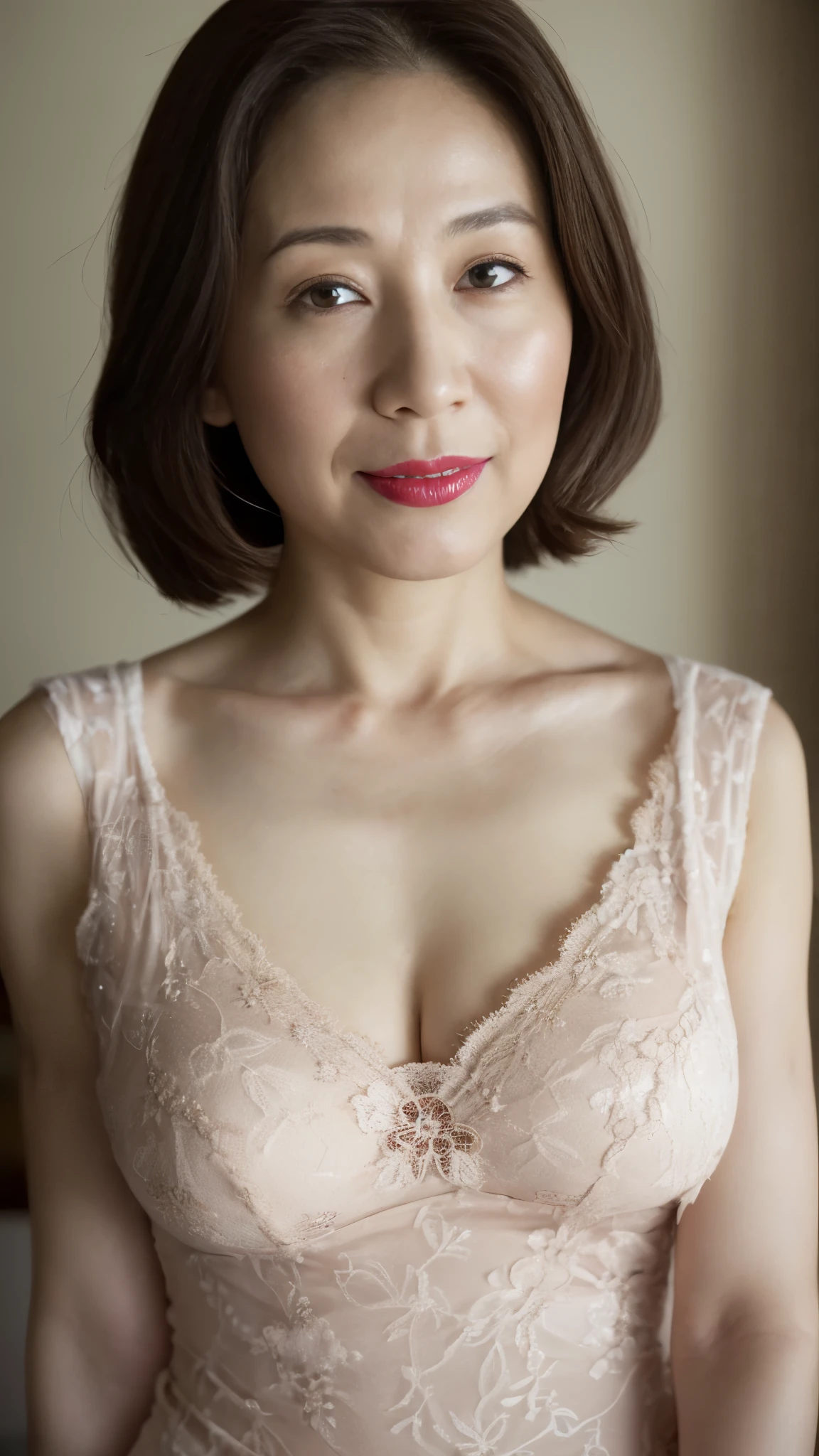 (((center the head))):1.5, gravure, (long face), sharp gaze, describe the lips correctly, red lipstick, from the chest up, older pornstar, old face, highest quality, Super detailed, realistic, super dense skin, perfect beauty, (1 Japanese mature woman), (erotic), 100 years old, big breasts, Bewitching, Glamour, sexy, pure white skin, looking at the viewer,