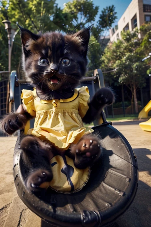 a black anthropomorphic kitten wearing a yellow dress playing on a slide, photo realistic, hyper realistic, masterpiece, black kitten, black panther kitten in a sundress on a playground