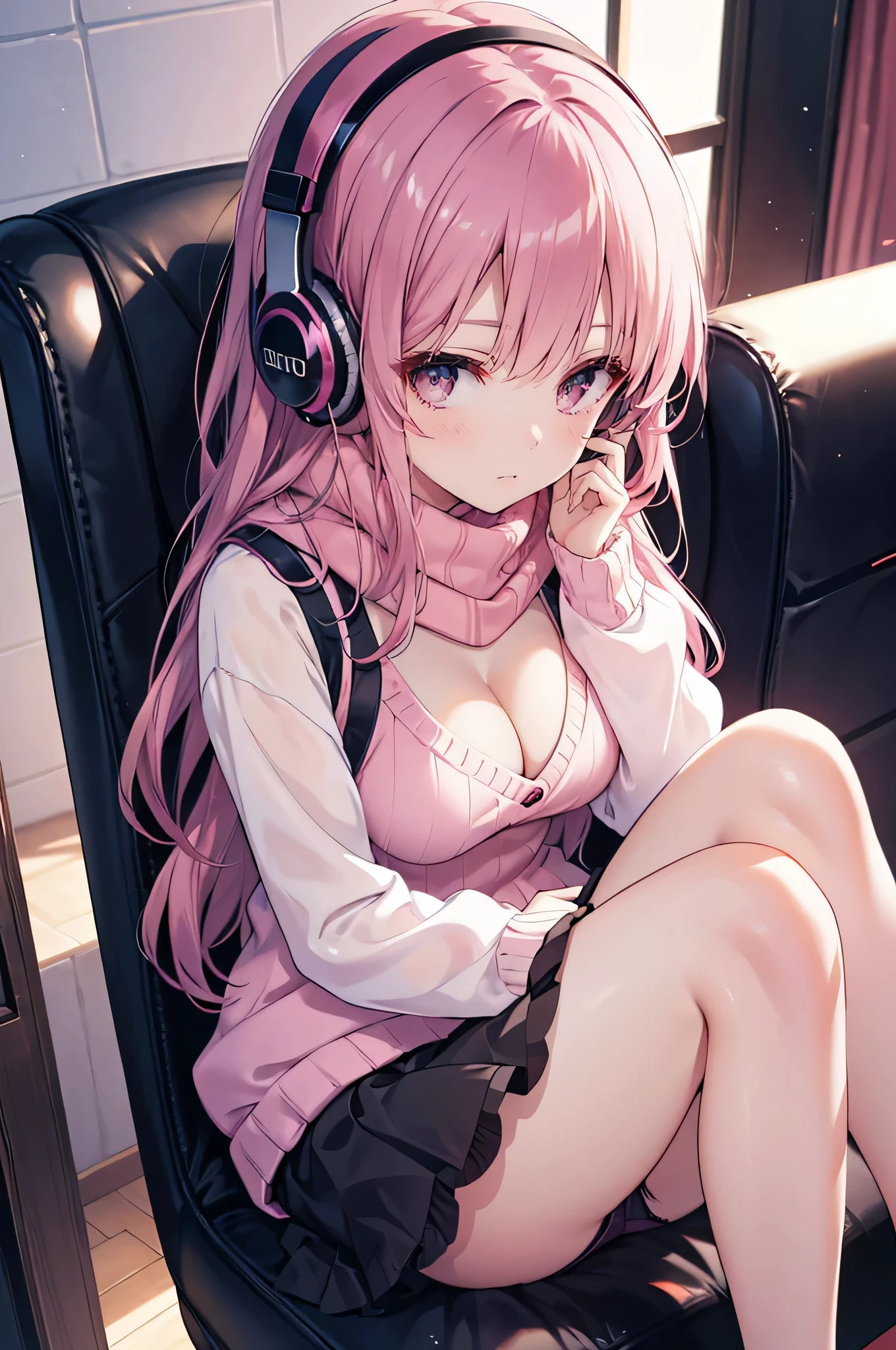 anime girl, cleavage, perfect thighs, thigh gap, long bright pink hair, black headphones on, pink scarf, black knit sweater, short pink skirt, (black stockings), blouse, 8K, high resolution, (((sitting with legs parallel))), see through sweater, underwear showing, panties showing, pink panties, 