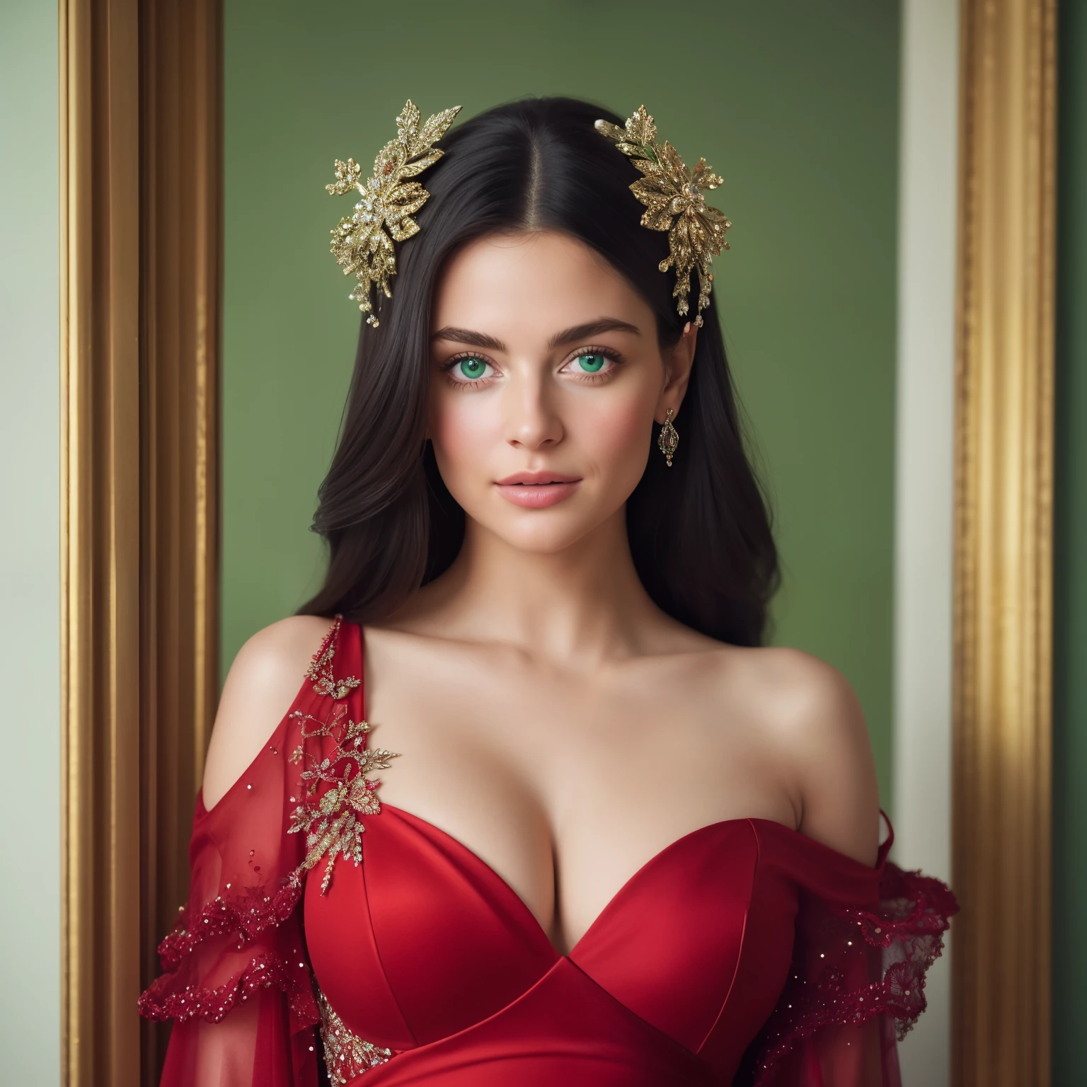 She walked into the room, her confidence shining through, radiating an aura of allure and charm that captivated everyone in sight. Dressed in a stunning red gown, the fabric clung to her figure in an ultra-detailed and finely-grained manner, highlighting her hourglass silhouette. Her skin glowed with a supremely aesthetic and beautiful 4K quality, each pore and flawless poreless pore meticulously captured in intricate details. With a face that exuded an ethereal beauty, her features were beautifully rendered and deceptively lifelike in photorealistic detail. Her vibrant green eyes, framed by thick lashes, sparkled.full body nice curves.