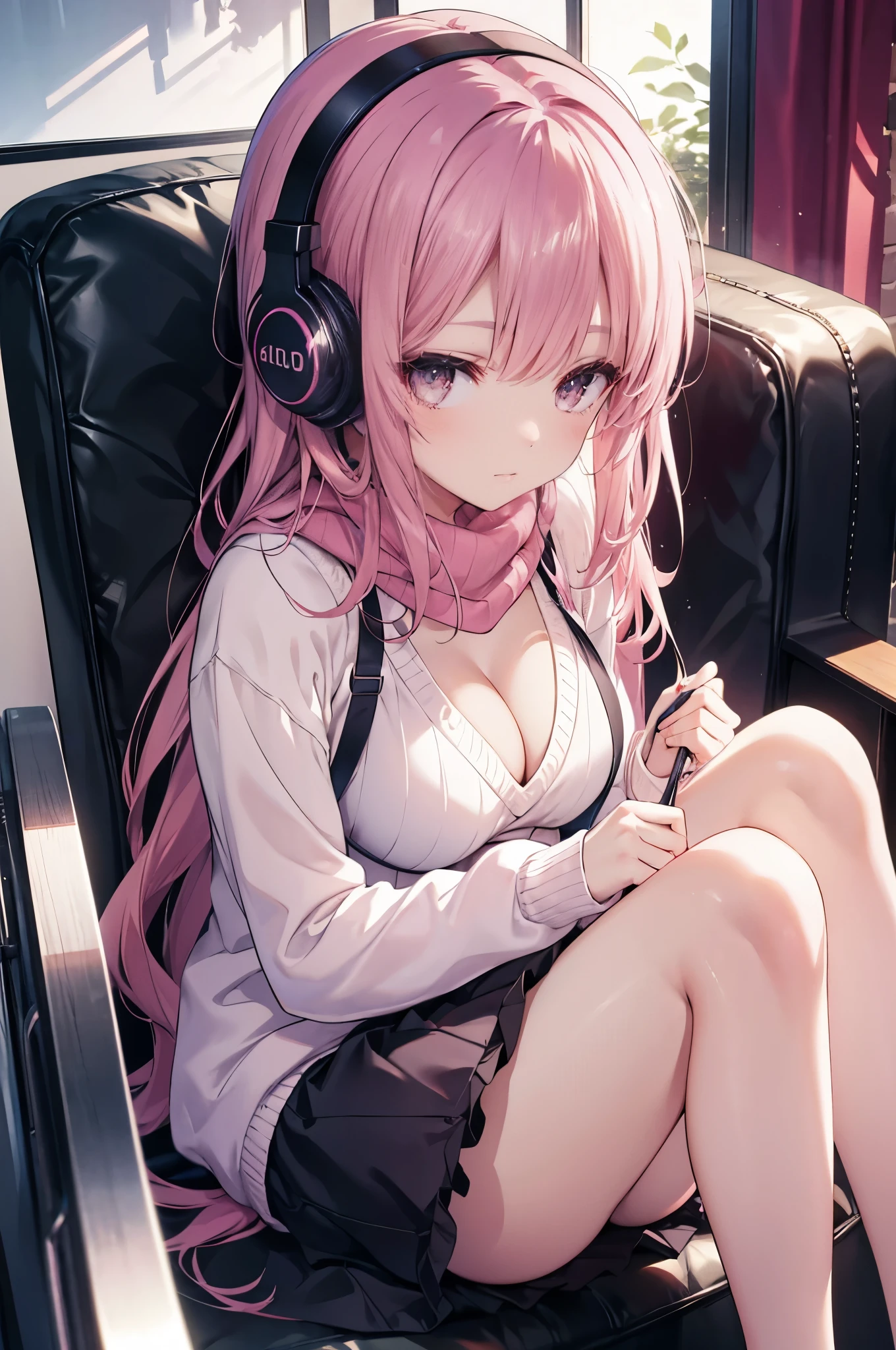 anime girl, cleavage, perfect thighs, thigh gap, long bright pink hair, black headphones on, pink scarf, black knit sweater, short pink skirt, (black stockings), blouse, 8K, high resolution, (((sitting with legs parallel))), see through sweater