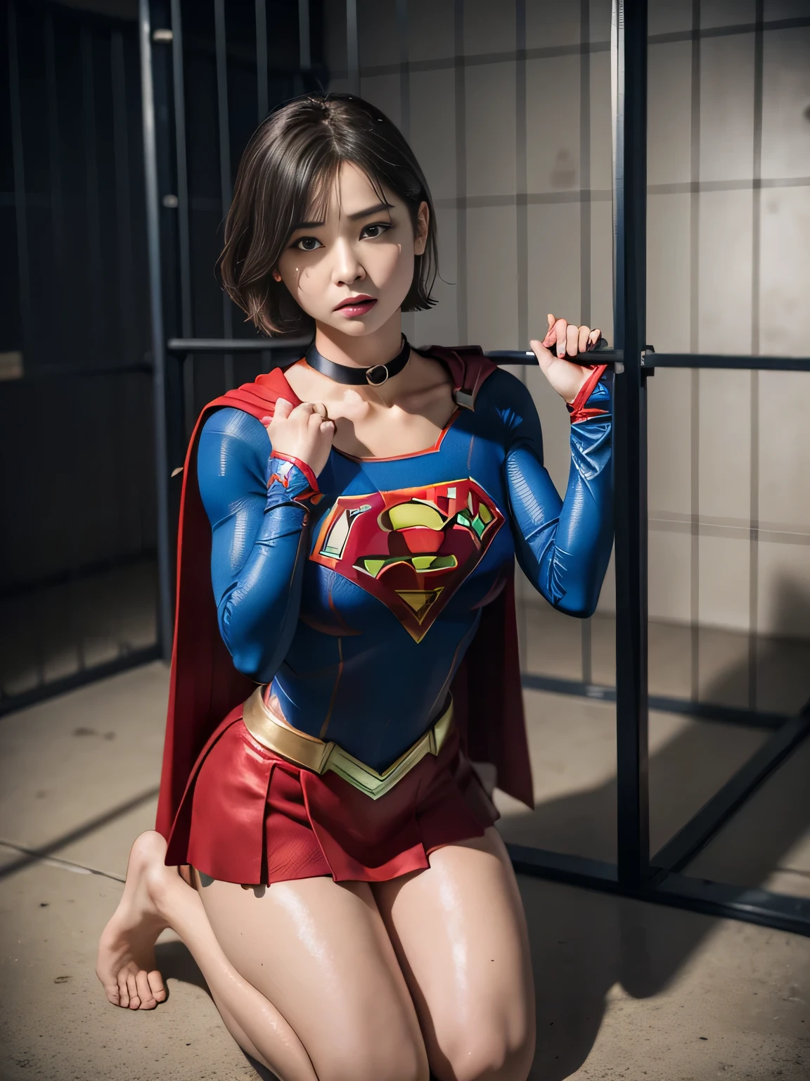 masterpiece、supergirl costume、short hair、barefoot、Big and full breast station、Crisis situation、prison、in a cage、sense of abuse、kneel down、sweaty、shiny、looking at camera、Seduce、choker、long sleeve、red sexy pose、POW camps、humiliating