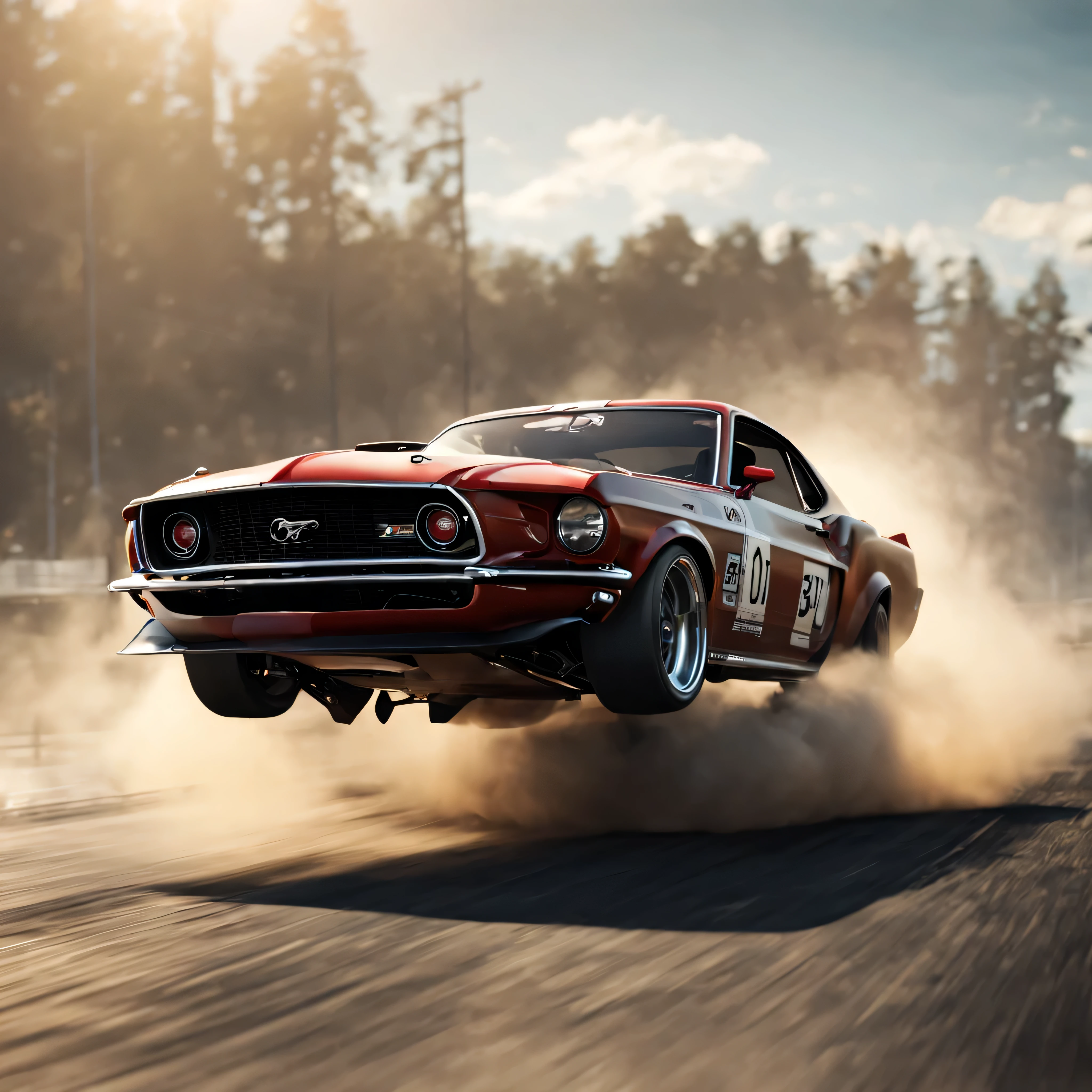 1969 ford mustang drifting, realistic, high quality, futuristic background.