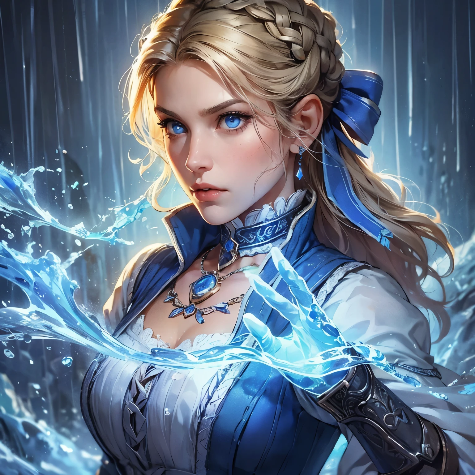 an animated fantasy novel style picture of a character portrait. Animated. She is 22 years young. She has blonde long hair tied with a blue bow. She is pretty with blue eyes. She is wearing a blue and white medieval feminine fantasy warrior gear. She is noble, beautiful and has a angry face. Water powers and water surround her. She is controlling water. Rainy dystopian background. Dark tragic theme. Serious.
