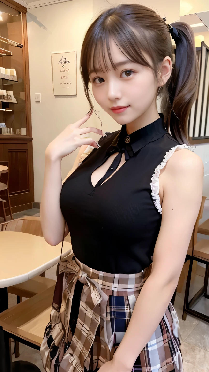 (smile)、(Masseter muscle part、highest quality、Mysterious、Beautiful and cute、perfect human body balance、official art:1.2)、(1 girl:1.3)、(big breasts:1.2)、shiny skin、pattern、(Plaid lolita dress with detailed ruffles:1.2)、(In front of the cafe:1.3)、(Tie a high ponytail with a thin ribbon:1.3)、(masterpiece portrait)、Japanese、、brown eyes)、exotic wallpaper、Very chic、abstract background、Fantastic