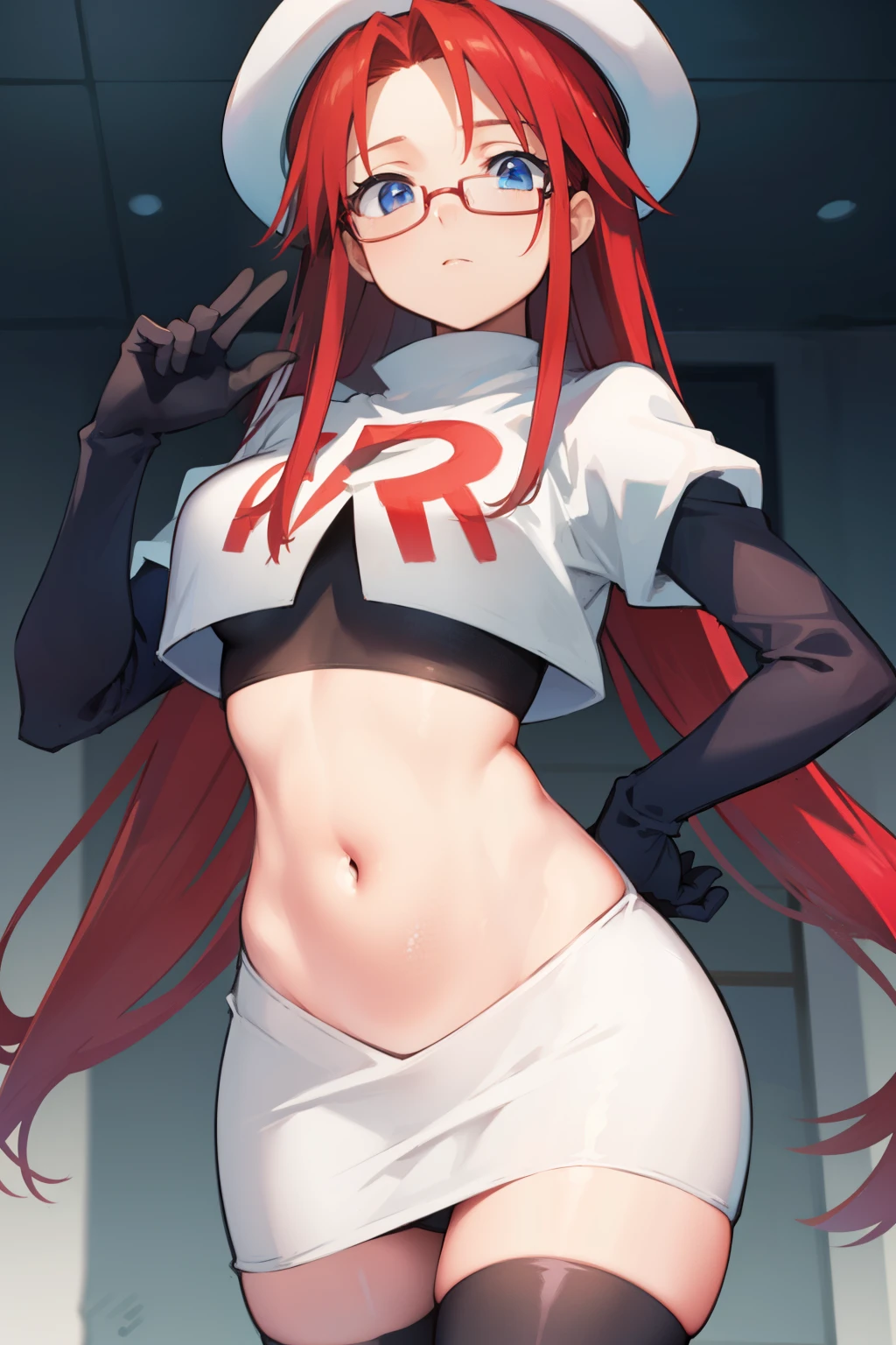 summonnightaty, aty, long hair, blue eyes, red hair, beret, hat, glasses,
BREAK long hair, hat, glasses, zettai ryouiki, beret, team rocket,team rocket uniform, red letter R, white skirt,white crop top,black thigh-highs,black elbow gloves
BREAK looking at viewer,
BREAK (masterpiece:1.2), best quality, high resolution, unity 8k wallpaper, (illustration:0.8), (beautiful detailed eyes:1.6), extremely detailed face, perfect lighting, extremely detailed CG, (perfect hands, perfect anatomy),