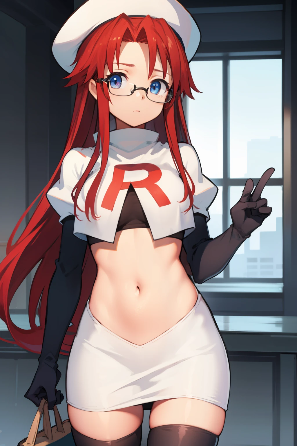 summonnightaty, aty, long hair, blue eyes, red hair, beret, hat, glasses,
BREAK long hair, hat, glasses, zettai ryouiki, beret, team rocket,team rocket uniform, red letter R, white skirt,white crop top,black thigh-highs,black elbow gloves
BREAK looking at viewer,
BREAK (masterpiece:1.2), best quality, high resolution, unity 8k wallpaper, (illustration:0.8), (beautiful detailed eyes:1.6), extremely detailed face, perfect lighting, extremely detailed CG, (perfect hands, perfect anatomy),