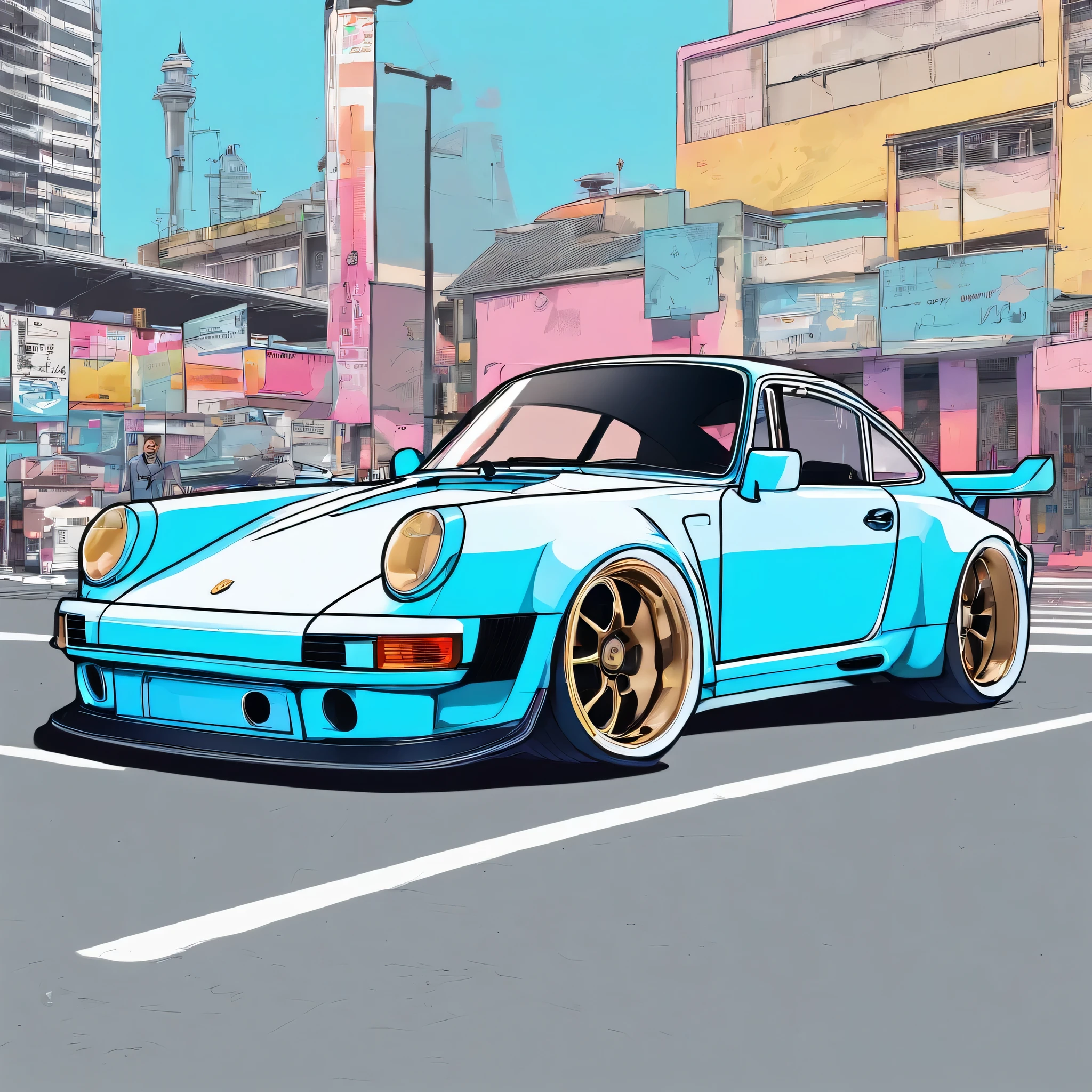 blue
Porsche 911 rwb, wide body, sketch,
cartoonish, comic strip, rendering, purple wheels, bagged, slammed to the ground, empty parkinglot, style dessin manga, couleur