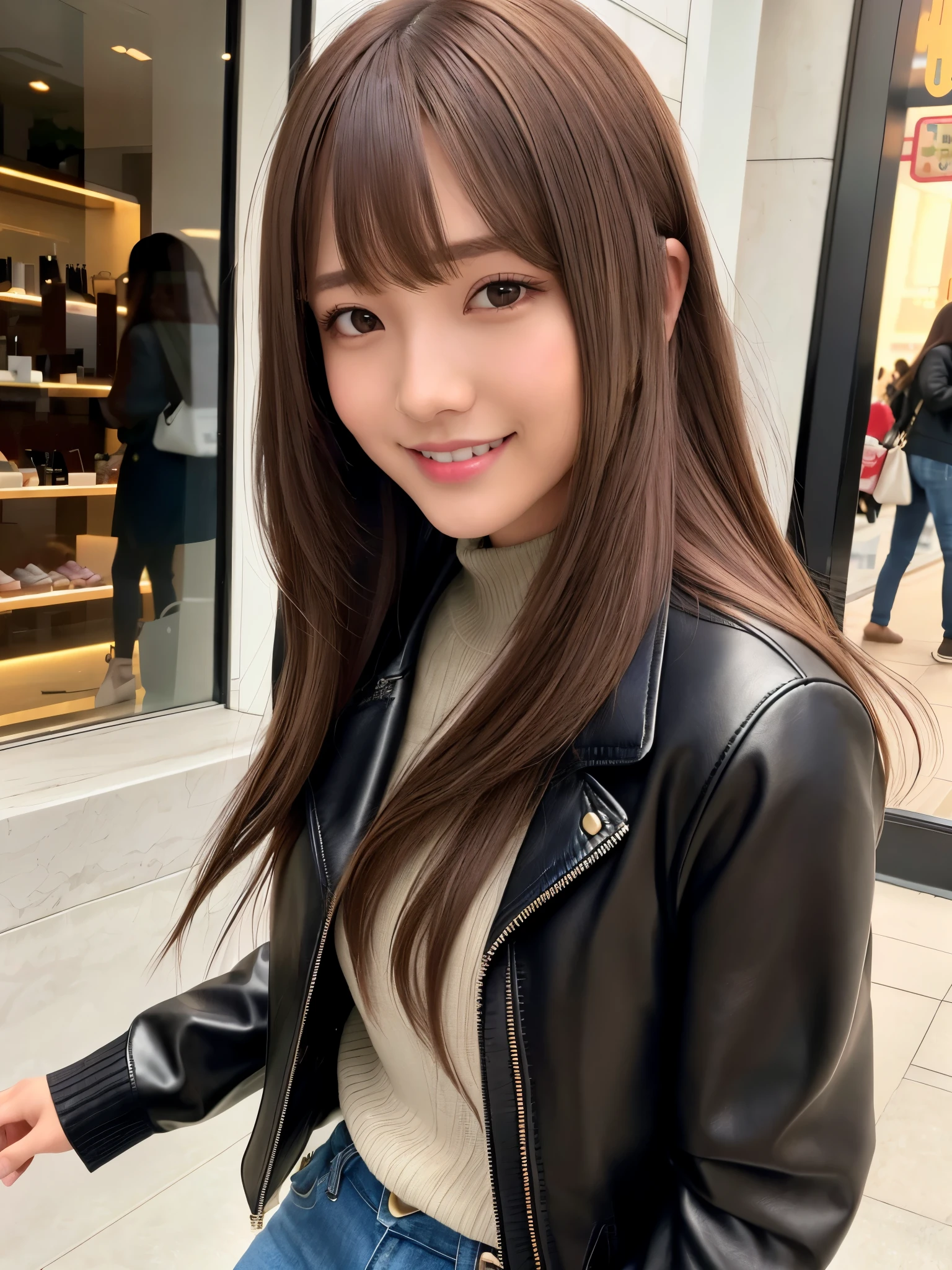 product quality, 1 girl, cowboy shot, front view, a Japanese young pretty girl, long bob hair, shopping with a big smile in a crowded luxury boutique in a big city, wearing a black leather jacket over a sweater, denim miniskirt, a tote bag over her shoulder, hyper cute face, glossy lips, double eyelids for both eyes, natural makeup, shiny smooth light brown hair of long bob hair, asymmetrical bangs, high resolution, high detail, detailed hairstyle, detailed face, cinematic lighting, octane rendering, hyper realistic, perfect limbs, perfect anatomy