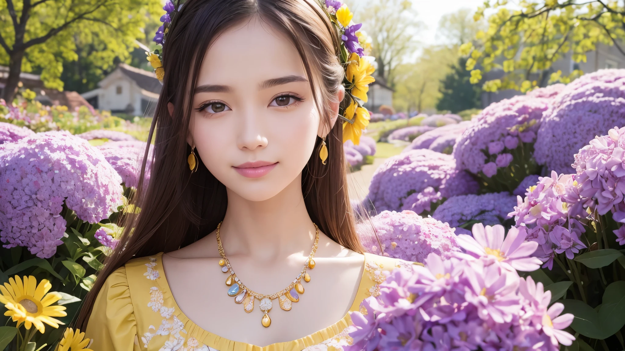 masterpiece, award winning, high quality, super detail, 8k, photo, simple pose, girl, (solo), smile, standing, ancient clothing, detailed clothes, dressed up, spring clothes, ancient accessories, (theme color is bright yellow and violet), complemented with a necklace, (close up of face), (portrait style), in the flower garden, classic European style, in early spring, natural daylight, direct sunlight, harmonious color palette and composition