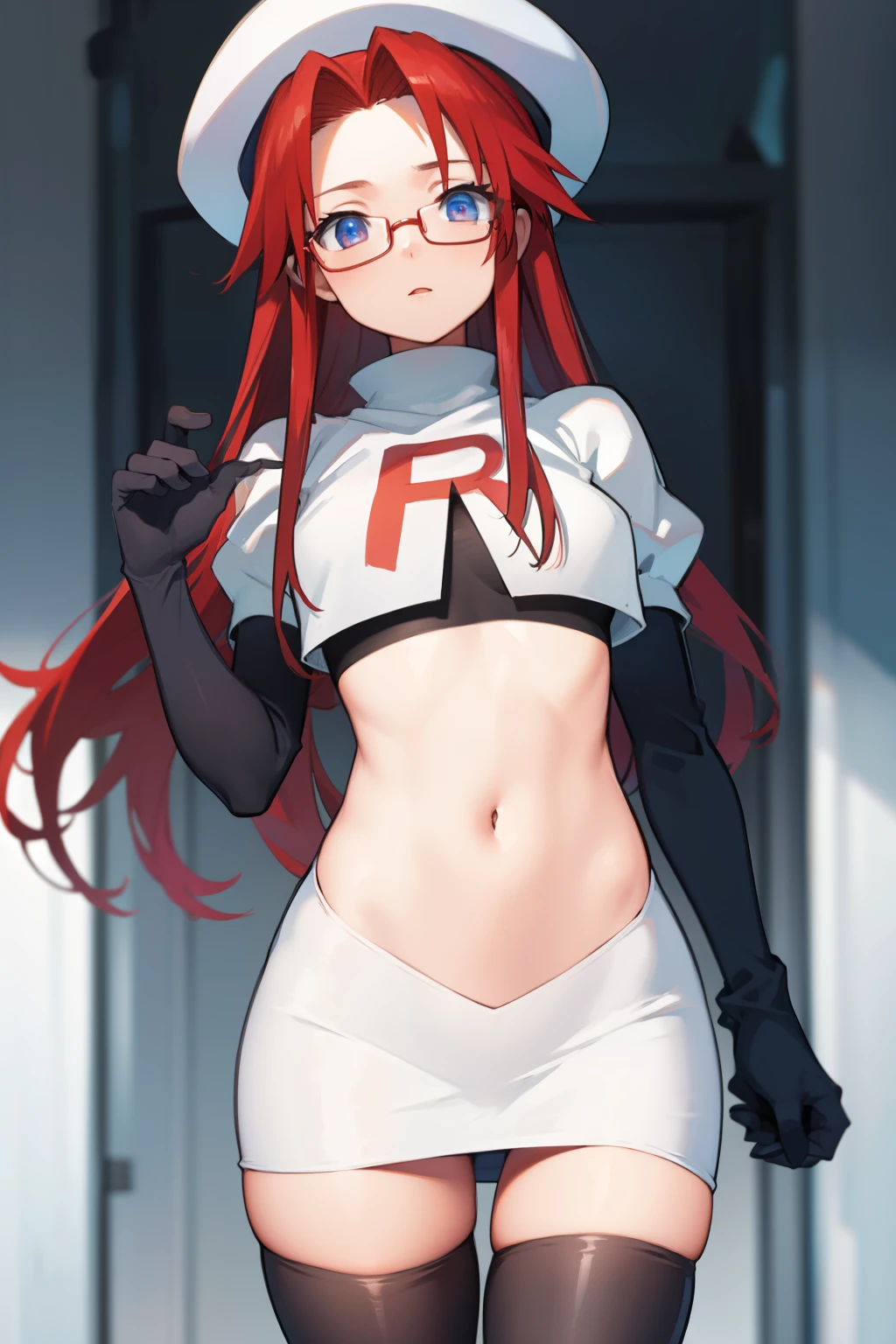summonnightaty, aty, long hair, blue eyes, red hair, beret, hat, glasses,
BREAK long hair, hat, glasses, zettai ryouiki, beret, team rocket,team rocket uniform, red letter R, white skirt,white crop top,black thigh-highs,black elbow gloves
BREAK looking at viewer,
BREAK (masterpiece:1.2), best quality, high resolution, unity 8k wallpaper, (illustration:0.8), (beautiful detailed eyes:1.6), extremely detailed face, perfect lighting, extremely detailed CG, (perfect hands, perfect anatomy),