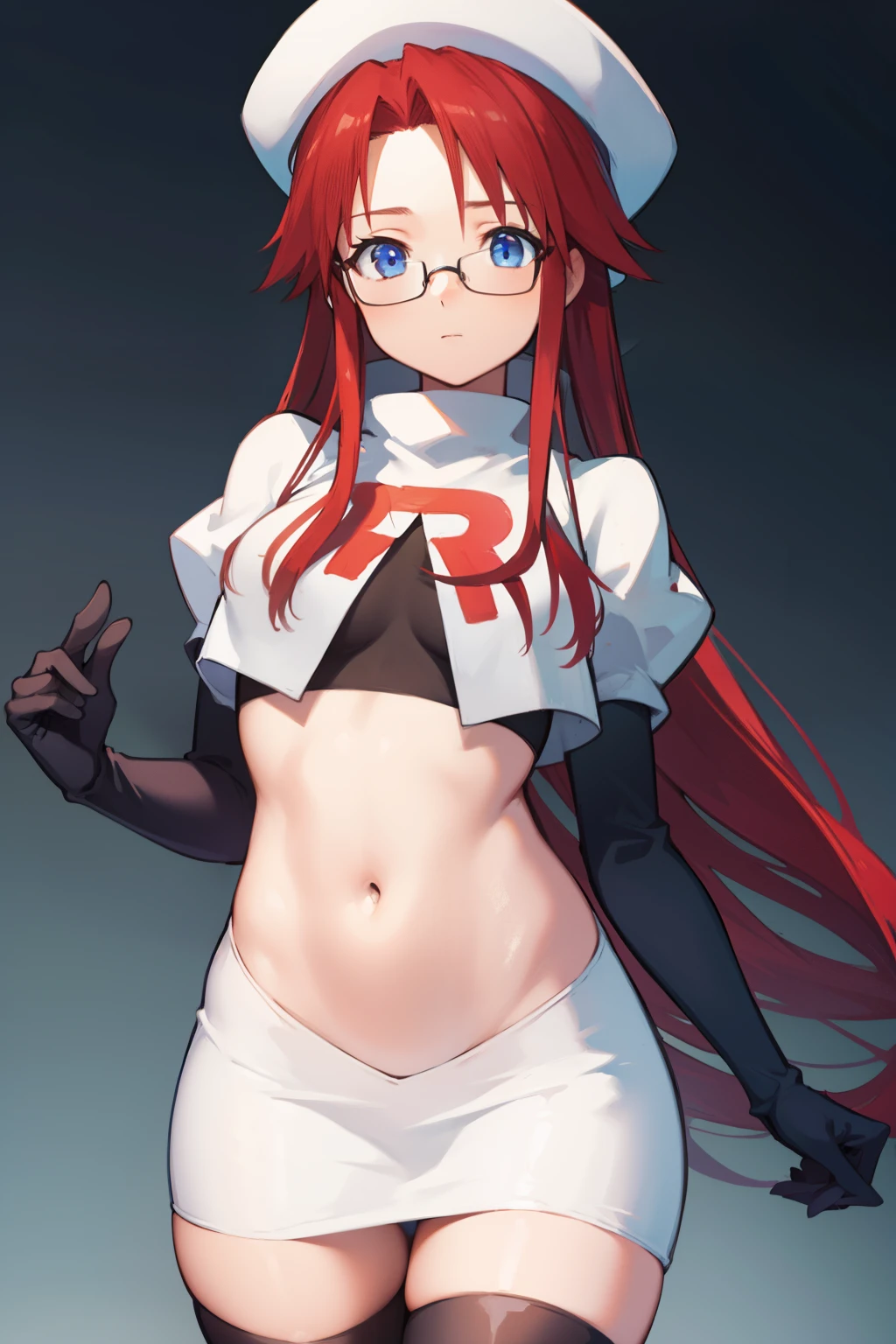 summonnightaty, aty, long hair, blue eyes, red hair, beret, hat, glasses,
BREAK long hair, hat, glasses, zettai ryouiki, beret, team rocket,team rocket uniform, red letter R, white skirt,white crop top,black thigh-highs,black elbow gloves
BREAK looking at viewer,
BREAK (masterpiece:1.2), best quality, high resolution, unity 8k wallpaper, (illustration:0.8), (beautiful detailed eyes:1.6), extremely detailed face, perfect lighting, extremely detailed CG, (perfect hands, perfect anatomy),
