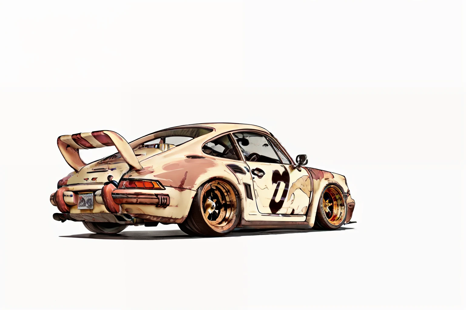 nvinkpunk, painting of a city with a candy brown paint, slammed Porsche 911 rwb rotting,wide bodykit, airide,  large wheels,old rat rod style high quality,