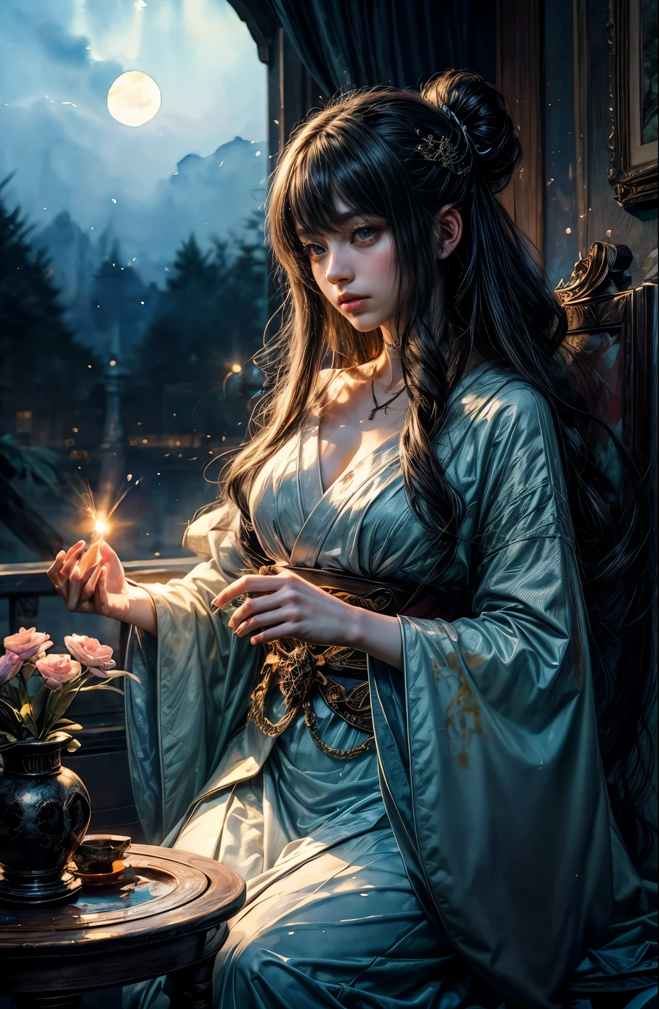 (table top, highest qualityの, highest quality, official art, (beautiful and aesthetic:1.4), (watercolor painting:1.4) ),  (Tsukuyomi:1.5), 日本god話のgod様々々, fleeting beauty, An ethereal presence in the moonlight, god&#39;grace, Calm and meditative look, flowing heavenly clothes, Silver glow illuminating nocturnal landscapes, Dance of shadows and lights, whispers of ancient legends