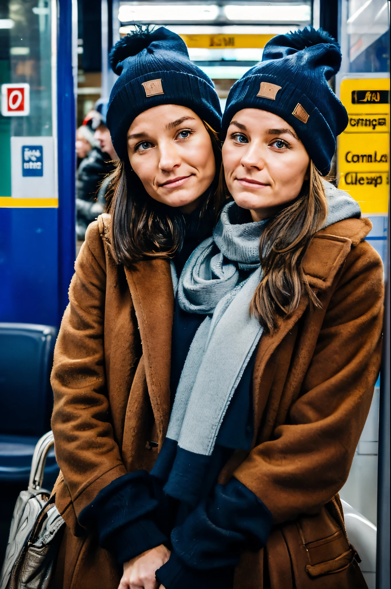 2heads, two headed woman, age 33, waiting in train station, cold day, winter clothing, beanie hat, Swedish,