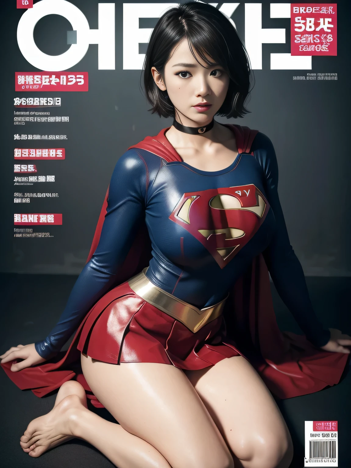 masterpiece、supergirl costume、short hair、barefoot, big and full breasts、test subject、operating room、operating table、straddle、sweating、shiny、look at the camera、sense of abuse、Estrus、choker、Weekly magazine cover、long sleeve、red mini skirt、obscene pose、Seduce、humiliating