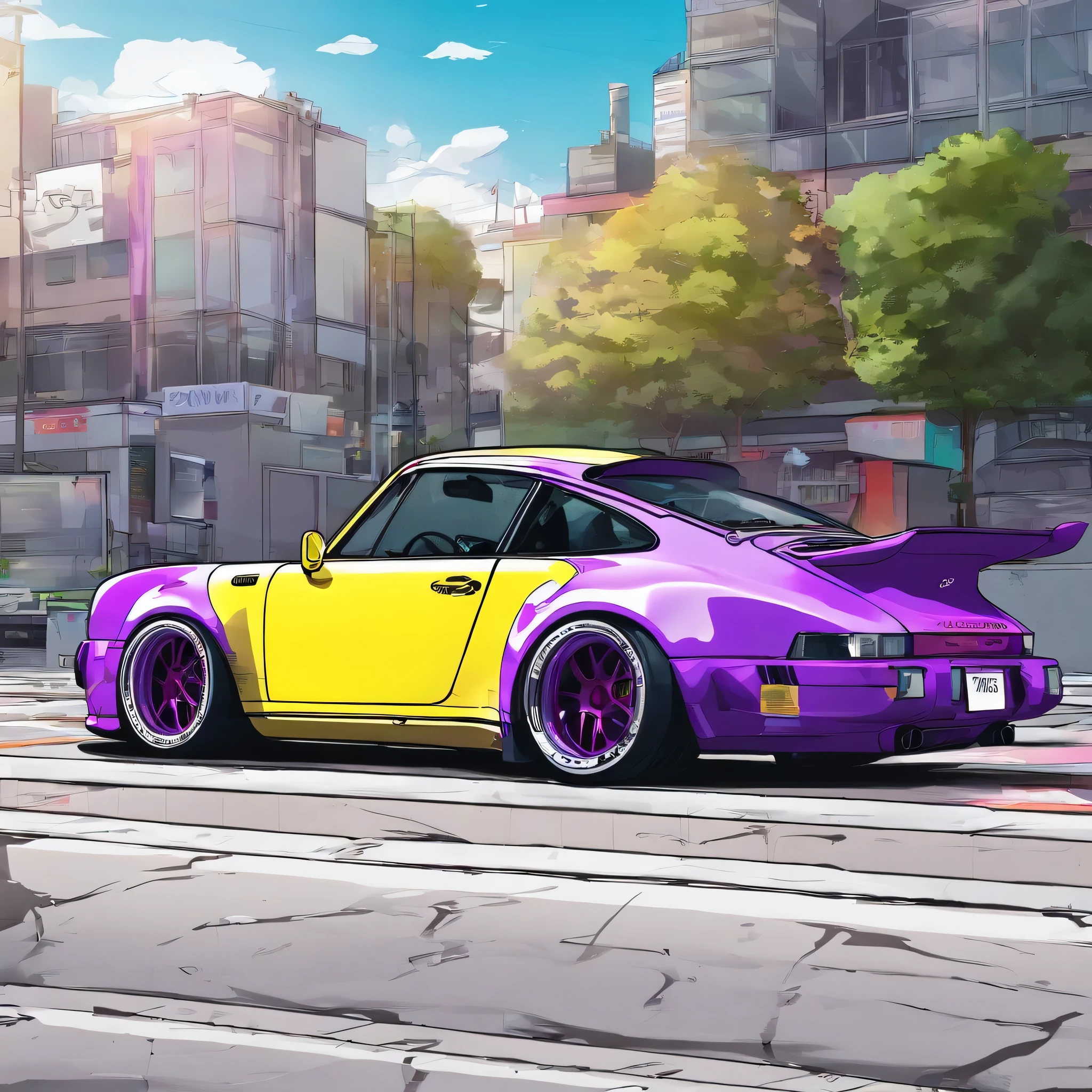 Porsche 911 rwb, wide bodykit, large wheels, sketch, toonishmix, cartoonish, comic strip, rendering, purple wheels, bagged, slammed to the ground, empty parkinglot, style dessin manga, couleur