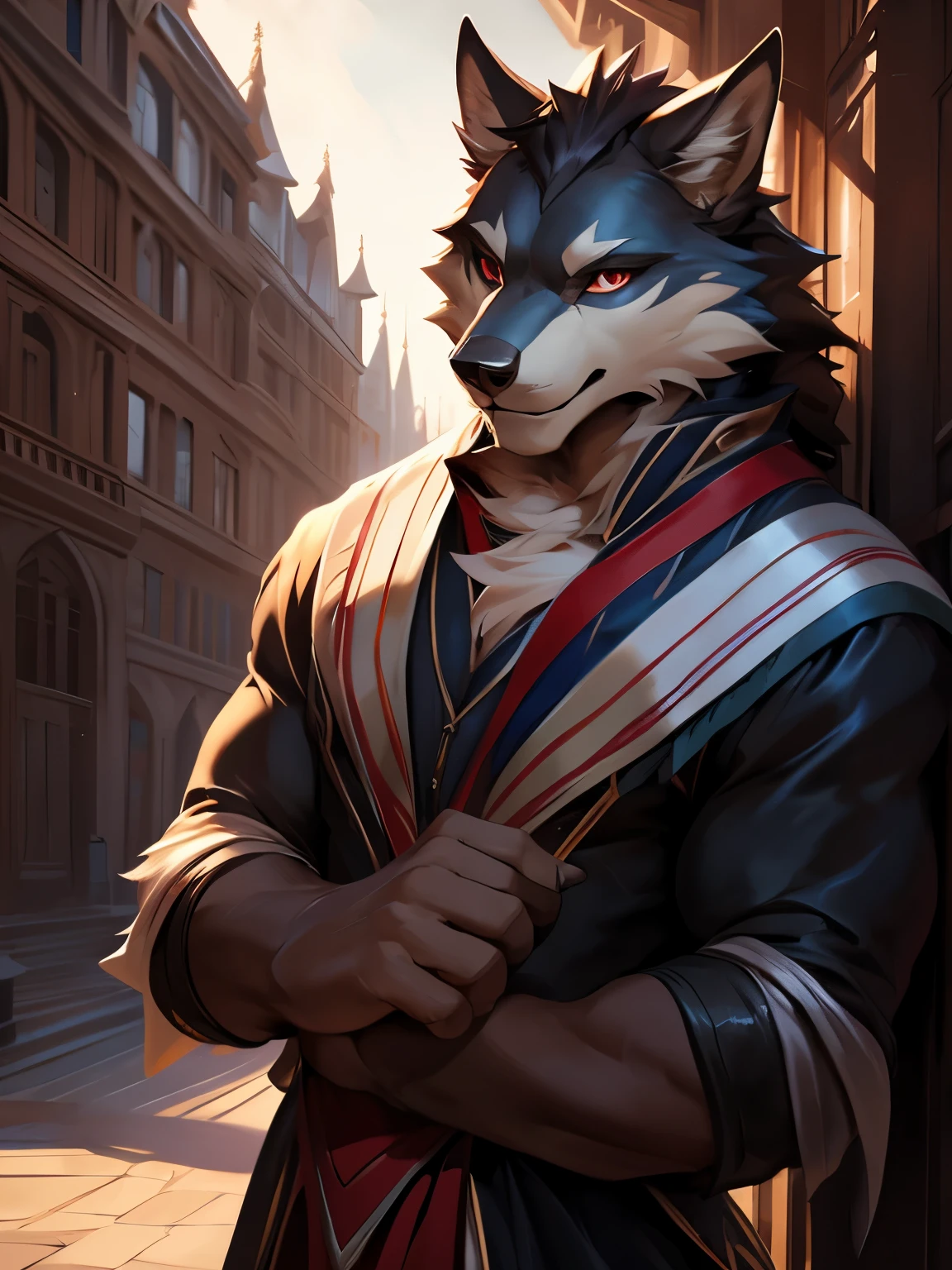 4k, high resolution, best quality, perfect colors, perfect shadows, perfect lighting, posted on e621, (by Chunie, by canyne khai, by t.y.starale), male, adult, furry, Wolf anthro, white fur, Red eyes, (Realistic eye details 1.2), Wearing college graduation dress, in the college, Full body like, Slim body, dramatic lighting, soft lighting, day, highly detail, Hair coiled, ((Bonifasko lighting)), (Detailed eyes), perfect pupils, detail eyes, detail fluffy fur, (seductive face:1.2), fit body, long shot camera, Looking at the camera,, fit body, perfect male figure, Detailed fur, Detailed face, Perfect face, Detailed background, (Complex), (Super Detail), (Ultra Clear), (Best Quality)