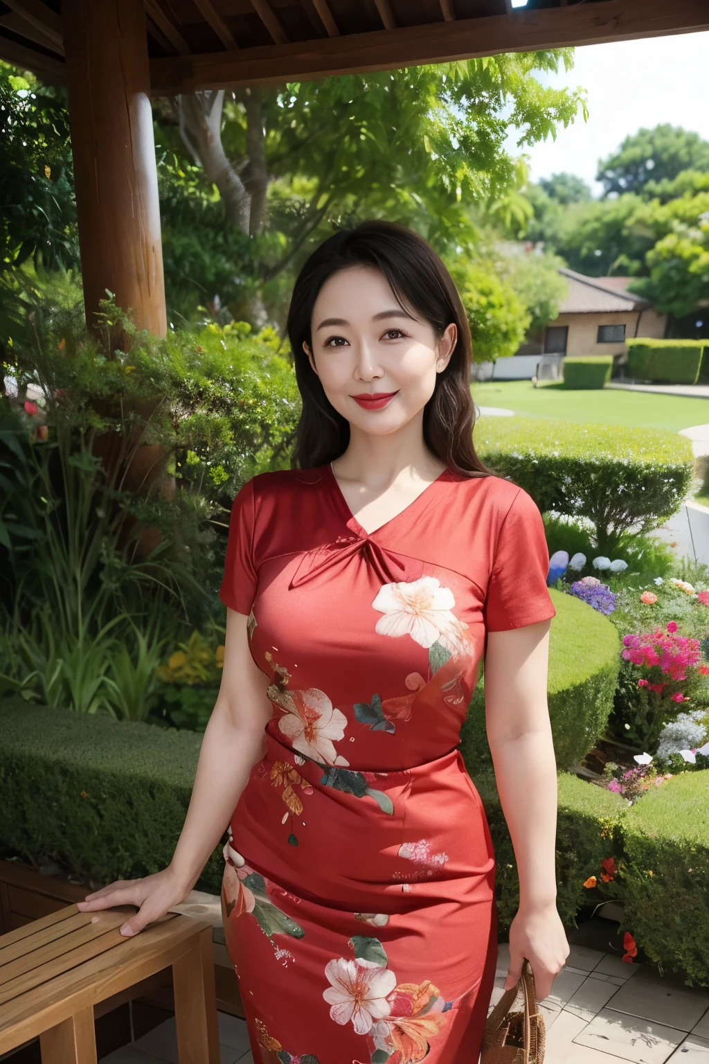 Draw lips correctly, red lipstick, from chest up, best quality, Super detailed, lifelike, Super fine skin, perfect anatomy, (1 日本Mature的女人), (alone),Wear a floral green round neck dress,short sleeve,wavy long hair,37-year-old female,Mature,charming smile,beach background,stand,Chubby,Big breasts,full-body shot。