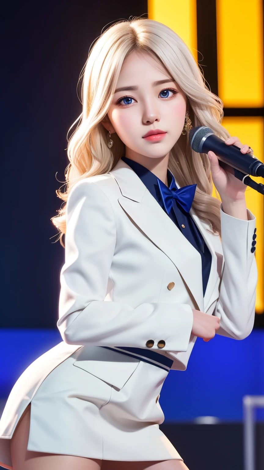 (hyper-realistic), (illustration), (high resolution), (8k), (Very detailed), (best illustration), (Beautiful and delicate eyes), (best quality), (Super detailed), (masterpiece), (wallpaper), (Detailed face), Realistic skin, anatomically correct, alone, 1 girl, (wavy white hair:1.2), (beautiful susie:1.7), (Beautiful and cute JAV idol:1.7), heterochromatic eyes, (Detailed blue eyes), There is a small mole under the eye, (faint smile:1.1), (big breasts:1.2), Navy blue formal blazer, White shirt, black miniskirt, long legs, Firm abs, dynamic poses,