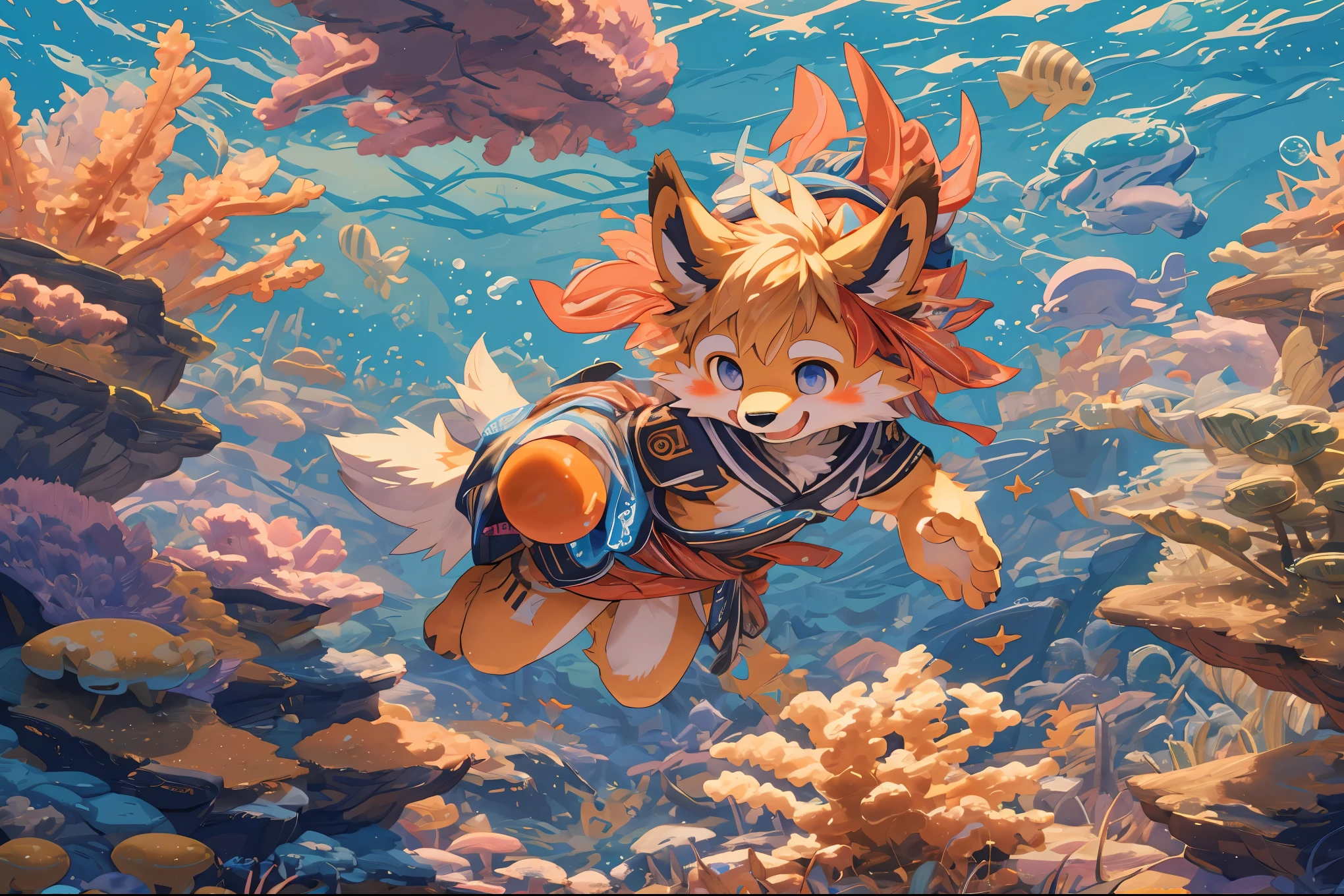 cover_page, highres, top quality, best quality, paid reward available, High-quality illustrations, unparalleled masterpiece, perfect artwork, absurdres, super high resolution, detailed background, Seabed, Coral reef, Bubble, 6+boys, 6+girls, Happy, joyful(Photos of solo travelers)(kemono, furry anthro),