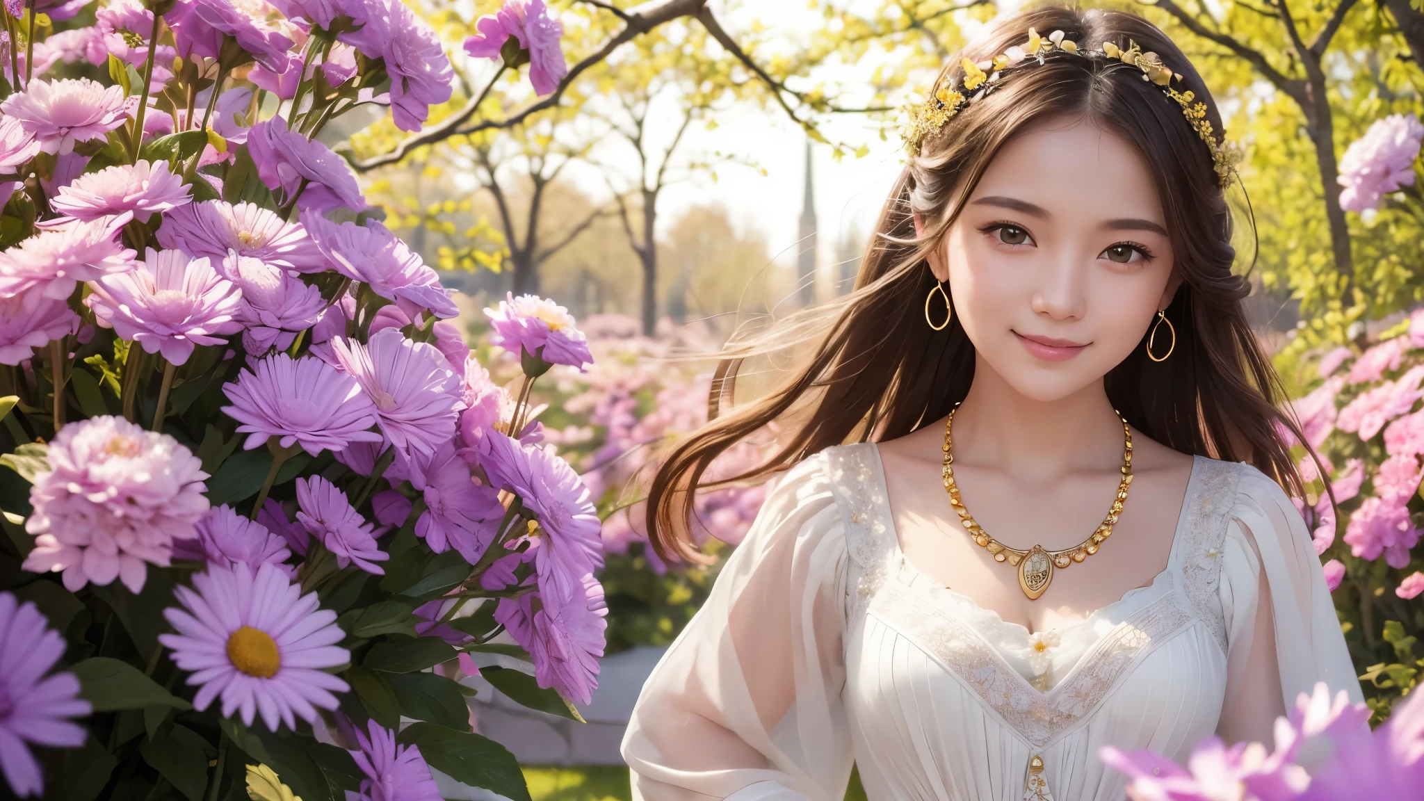 masterpiece, award winning, high quality, super detail, 8k, photo, simple pose, girl, (solo), smile, standing, ancient clothing, detailed clothes, dressed up, spring clothes, ancient accessories, (theme color is bright yellow and violet), complemented with a necklace, (close up of face), (portrait style), in the flower garden, classic European style, in early spring, natural daylight, direct sunlight, harmonious color palette and composition