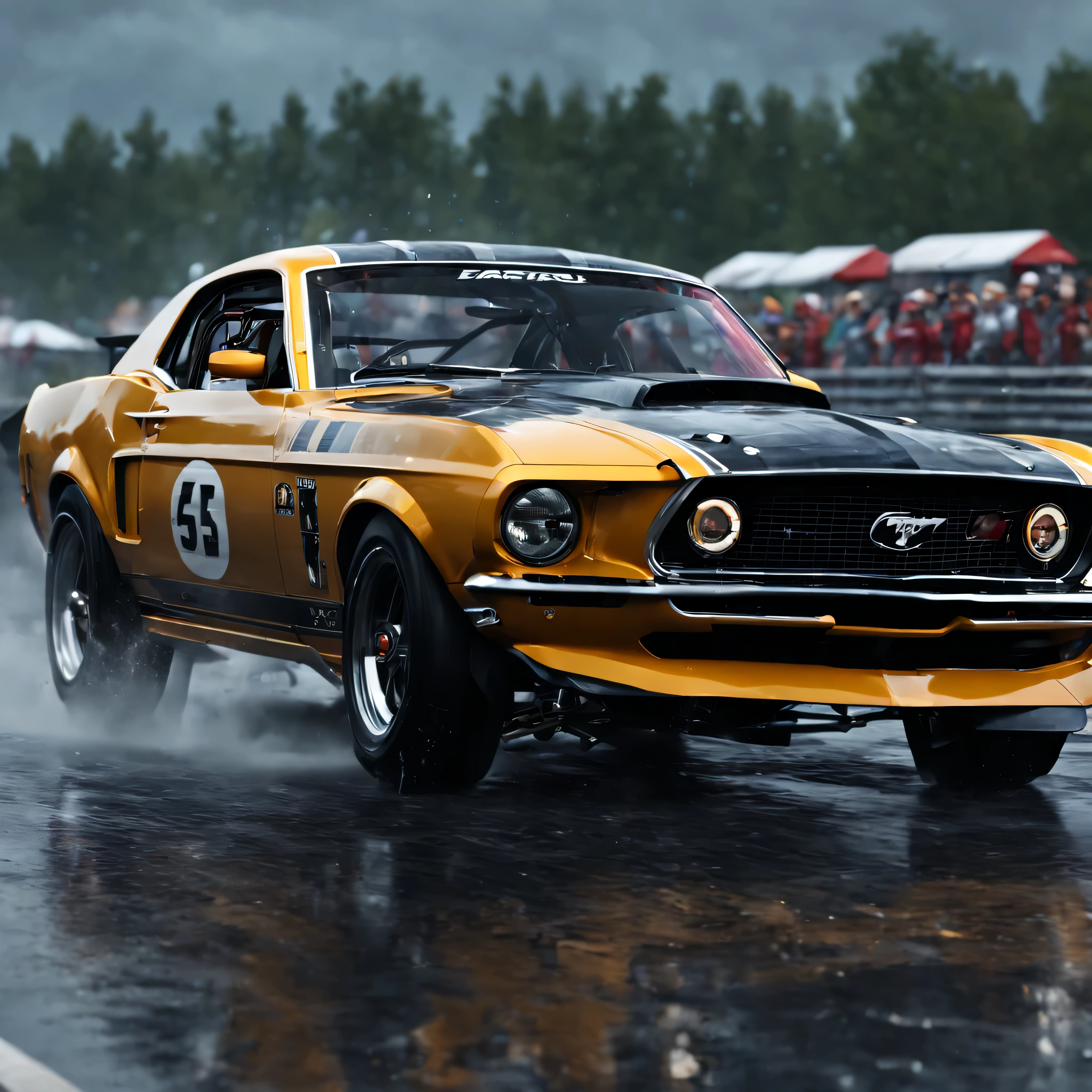 (high quality,4k,8k,highres,masterpiece:1.2),ultra-detailed,(realistic,photorealistic,photo-realistic:1.37),1969 Ford Mustang racing, raindrops on the car body, realistic rain effect on the windshield, lightning striking the sky, vibrant colors, wet asphalt, tire smoke, intense speed, racing flags waving, side view of the Mustang, dynamic motion, dramatic atmosphere, dark clouds, reflections on the wet road, powerful engine sound, racing driver in a helmet, focused expression, iconic Mustang logo on the hood, authentic race track, spectators cheering, adrenaline rush, sparks flying from the exhaust, race car vibrations, precision engineering, race car enthusiasts, vintage racing vibe.