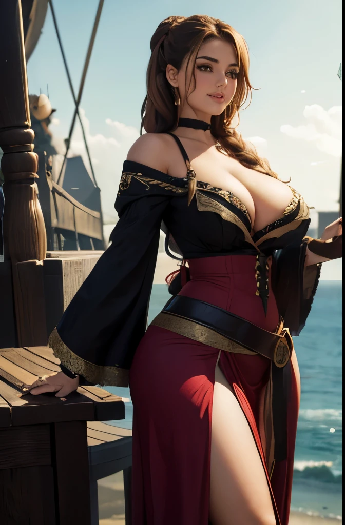 long hair, choker. busty (((DD-size breasts))), wide hips. lythe figure, curvy, voluptuous figure, sexy pirate, Puff Sleeve Chemise Top with plunging neckline, maxi skirt, posing on a pirate ship, mischievous smile, trending on Artstation, digital art, 20-year-old ( face a combination of Ana de Armas and Lucy Pinder), seductive, devious smile, arched eyebrows, gorgeous goddess, anime style, HD, UHD, braided hair, golden nose ring, gazing lovingly at the viewer, a view from the side