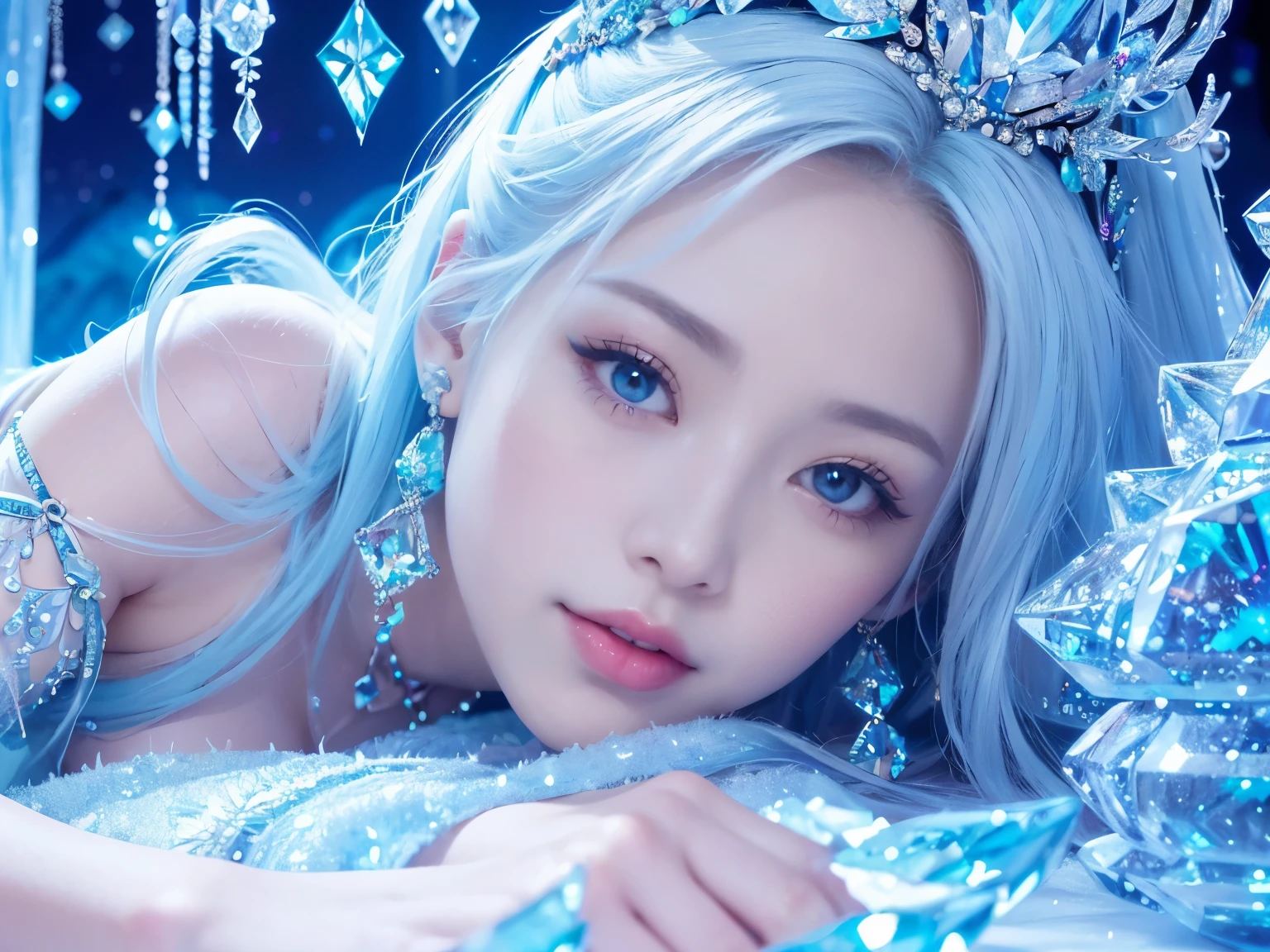 宮殿の床に横たわるIce Queen, she is lying on her back, relaxed pose,( absurdly , high quality , Super detailed,(See photographer )Ice Queen,Crystal costume with detailed, beautiful and colorful patterns,ice queen,ice World,fantasy palace of god