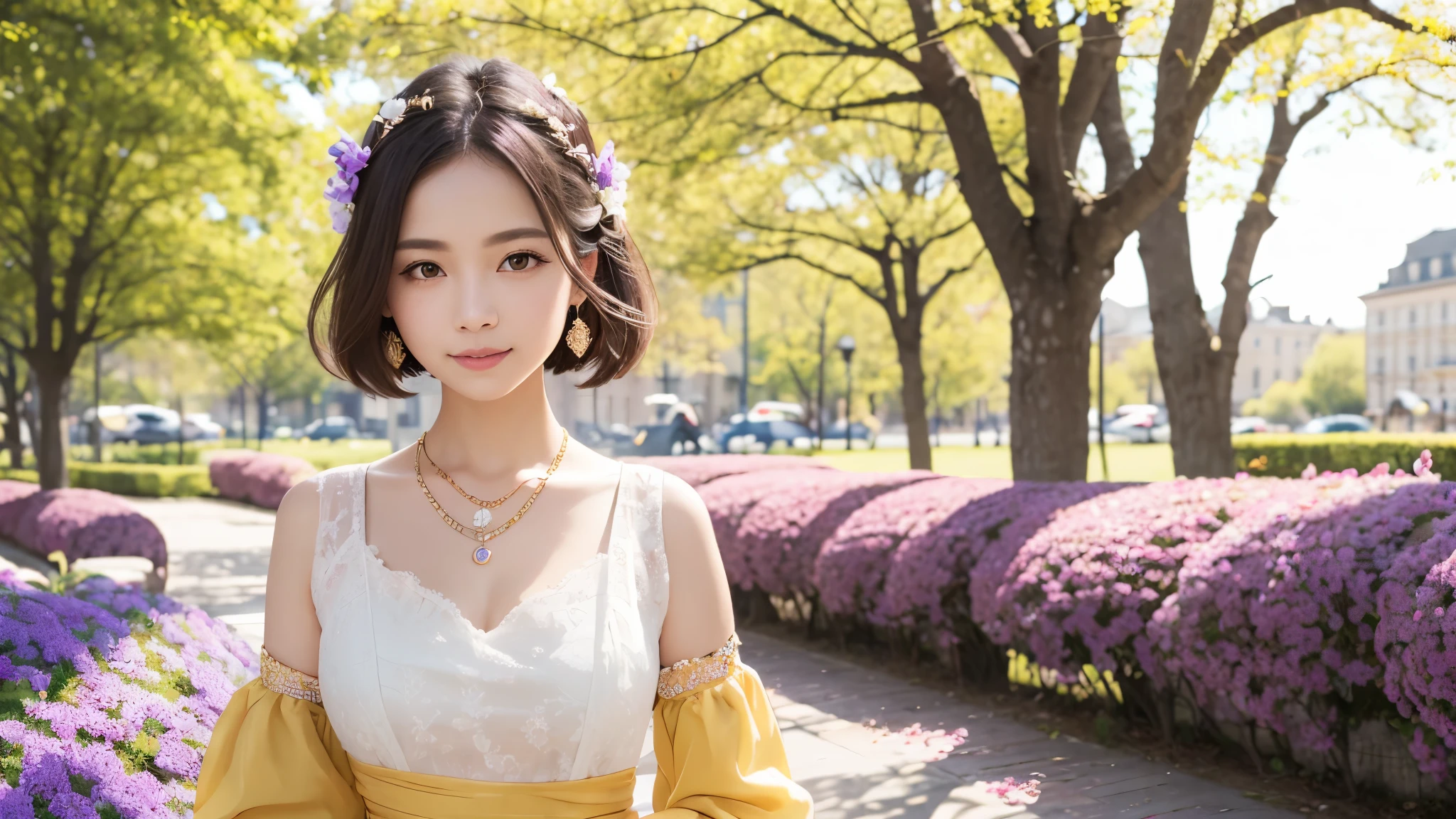 masterpiece, award winning, high quality, super detail, 8k, photo, simple pose, girl, (solo), smile, standing, ancient clothing, detailed clothes, dressed up, spring clothes, ancient accessories, (theme color is bright yellow and violet), complemented with a necklace, (close up of face), (portrait style), in the flower garden, classic European style, in early spring, natural daylight, direct sunlight, harmonious color palette and composition